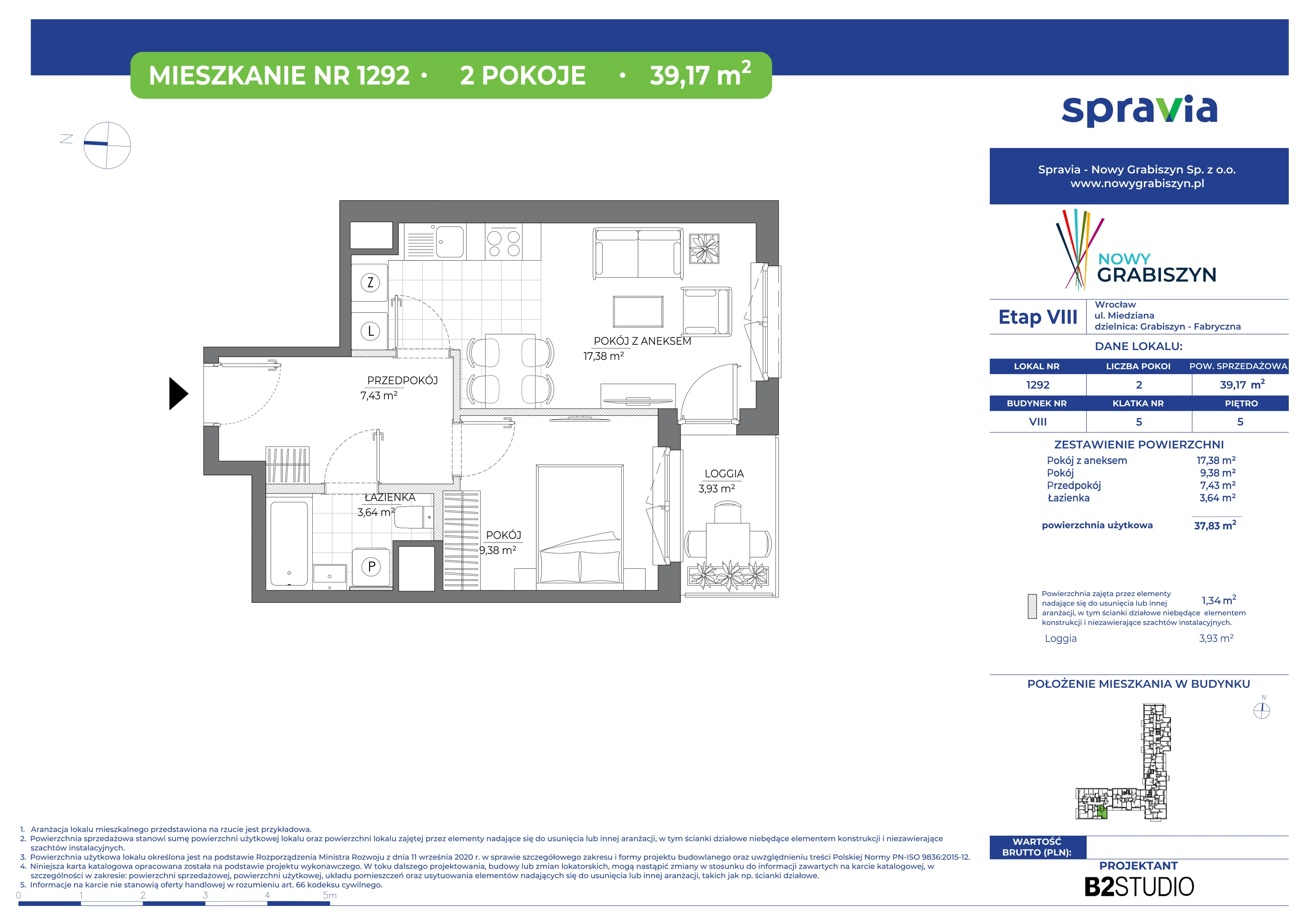 2 pokoje, mieszkanie 39,17 m², piętro 5, oferta nr 1292, Nowy Grabiszyn 8, Wrocław, Grabiszyn-Grabiszynek, Fabryczna, ul. Miedziana