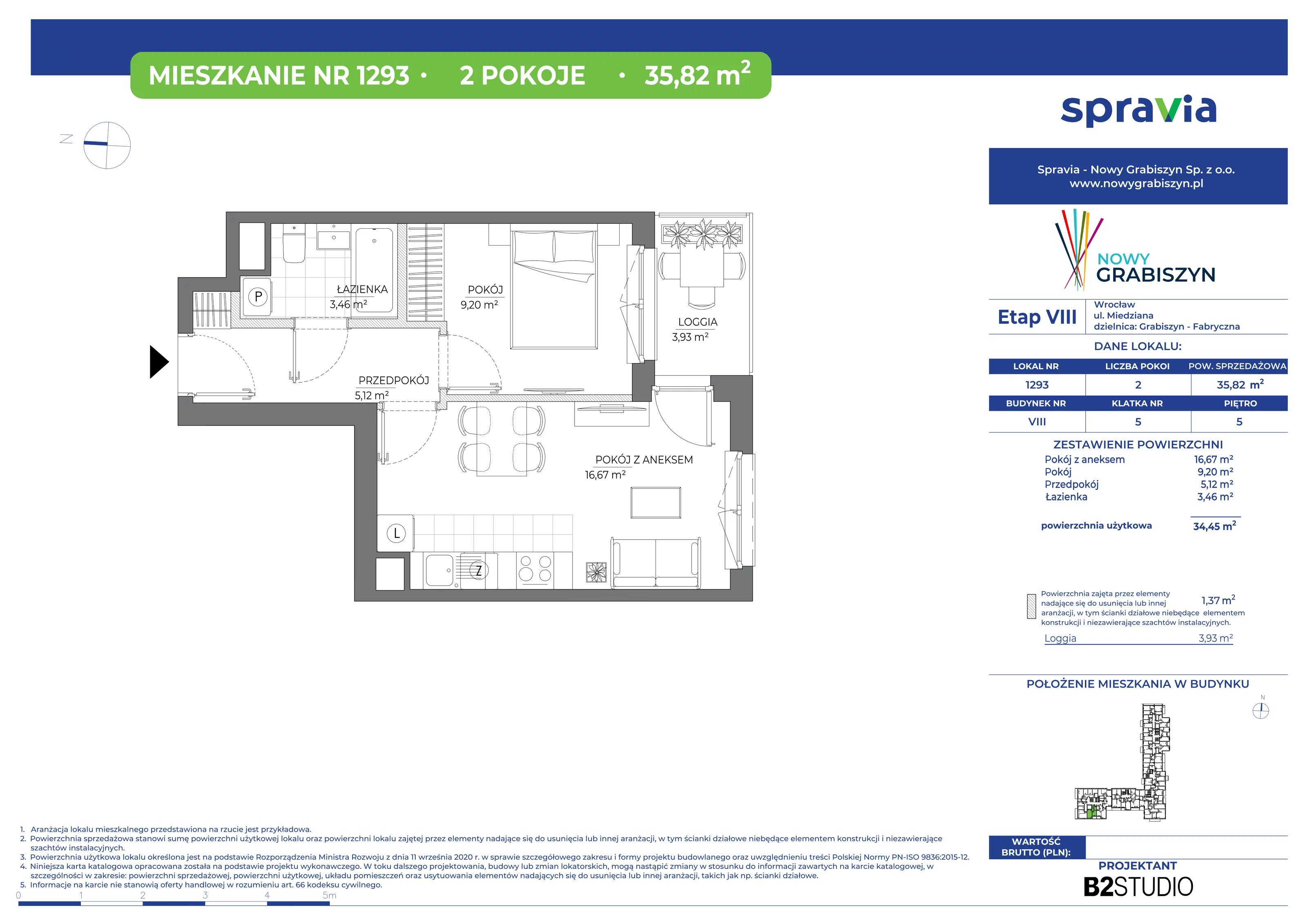 2 pokoje, mieszkanie 35,82 m², piętro 5, oferta nr 1293, Nowy Grabiszyn 8, Wrocław, Grabiszyn-Grabiszynek, Fabryczna, ul. Miedziana