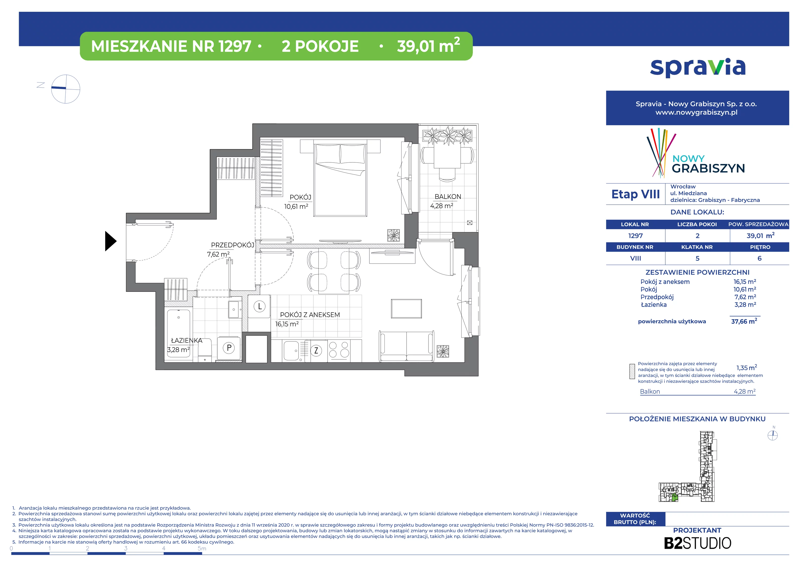 2 pokoje, mieszkanie 39,01 m², piętro 6, oferta nr 1297, Nowy Grabiszyn 8, Wrocław, Grabiszyn-Grabiszynek, Fabryczna, ul. Miedziana