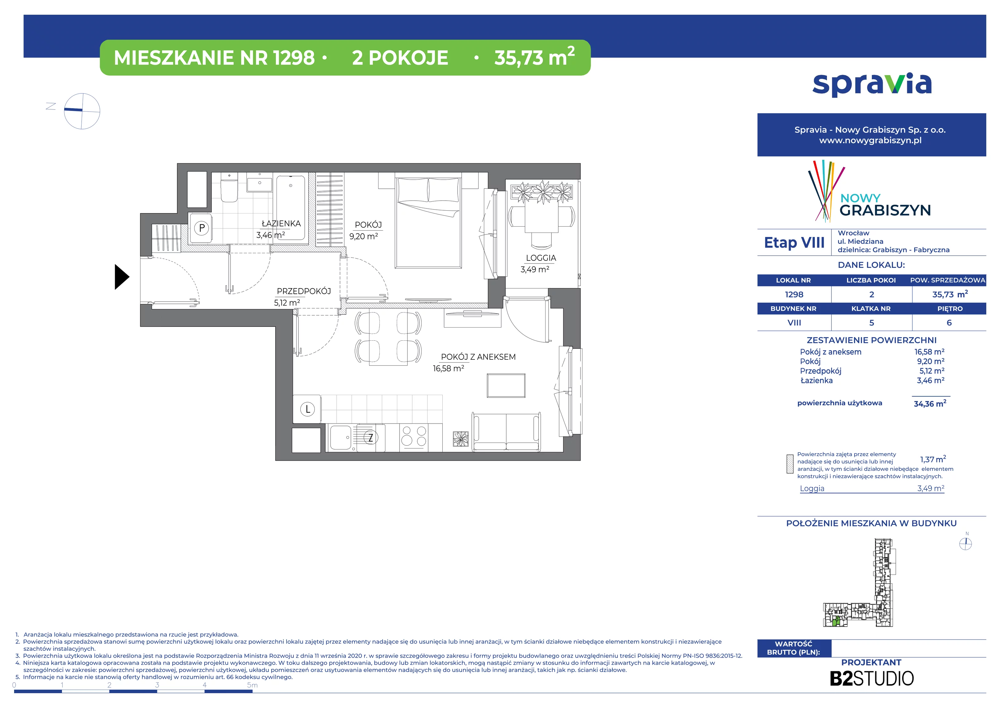 2 pokoje, mieszkanie 35,73 m², piętro 6, oferta nr 1298, Nowy Grabiszyn 8, Wrocław, Grabiszyn-Grabiszynek, Fabryczna, ul. Miedziana