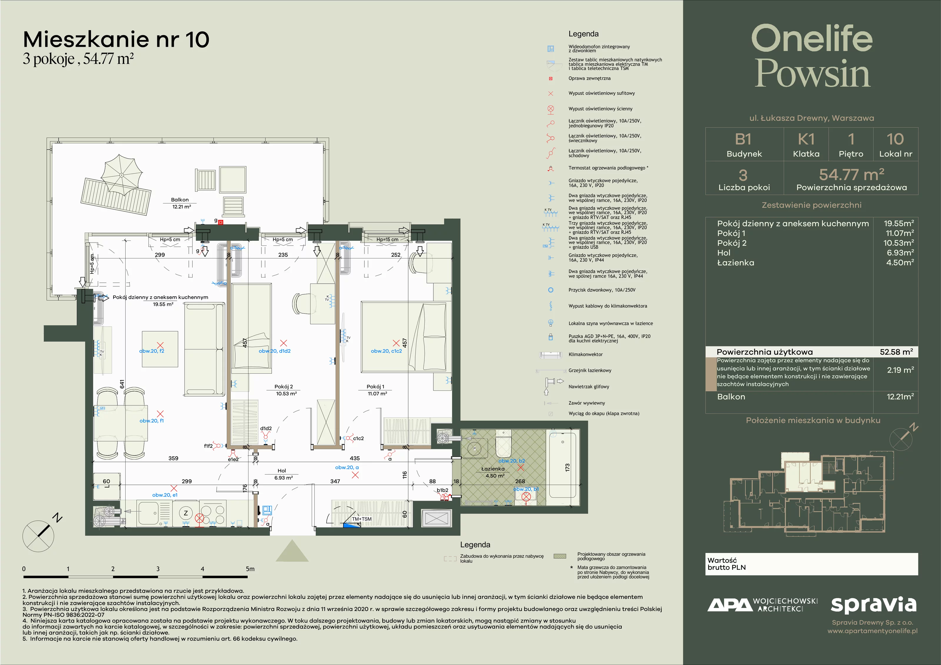 3 pokoje, apartament 54,77 m², piętro 1, oferta nr B1-10, Onelife Powsin, Warszawa, Wilanów, Powsin, ul. Łukasza Drewny