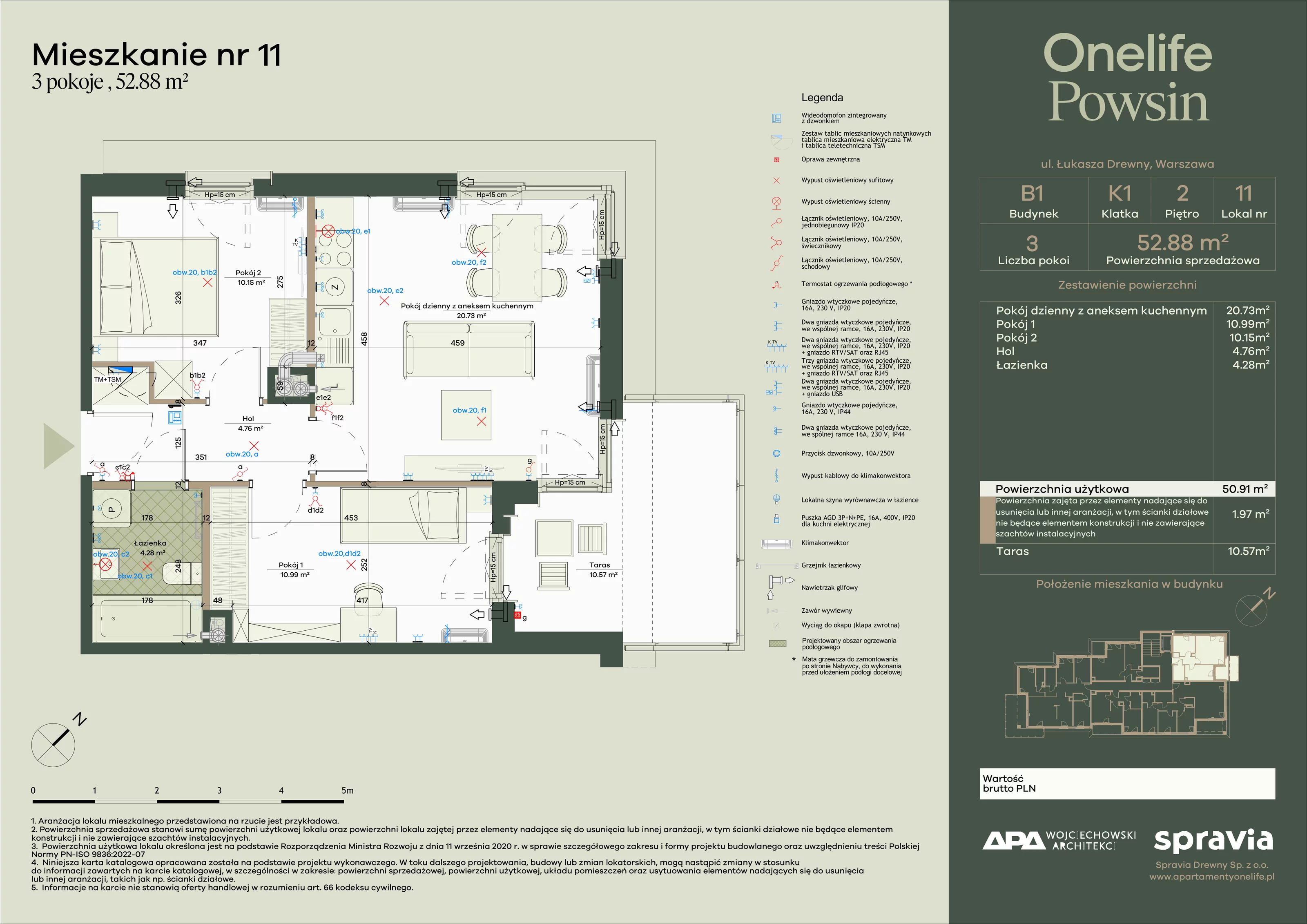 3 pokoje, apartament 52,88 m², piętro 2, oferta nr B1-11, Onelife Powsin, Warszawa, Wilanów, Powsin, ul. Łukasza Drewny