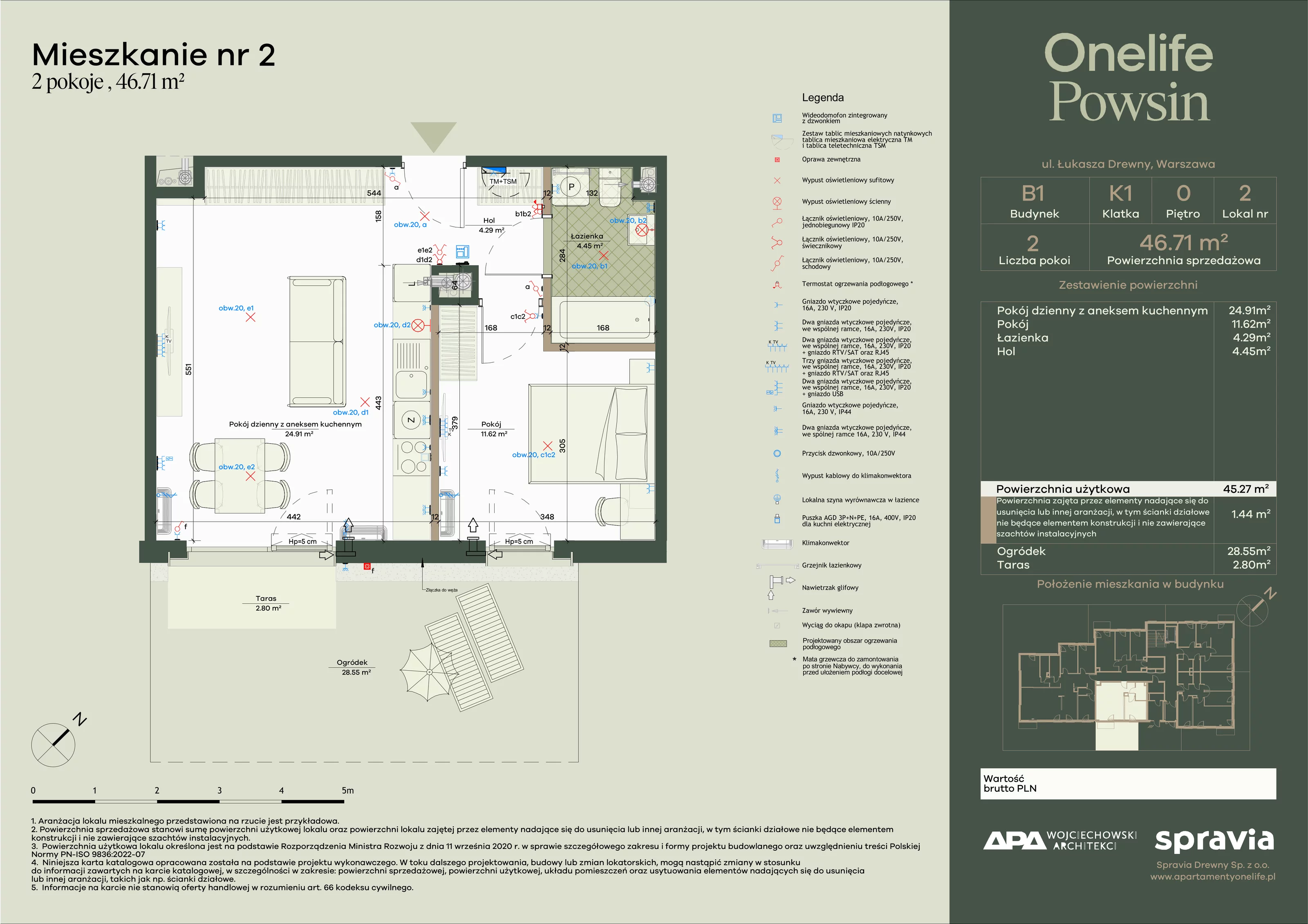 2 pokoje, apartament 46,71 m², parter, oferta nr B1-2, Onelife Powsin, Warszawa, Wilanów, Powsin, ul. Łukasza Drewny