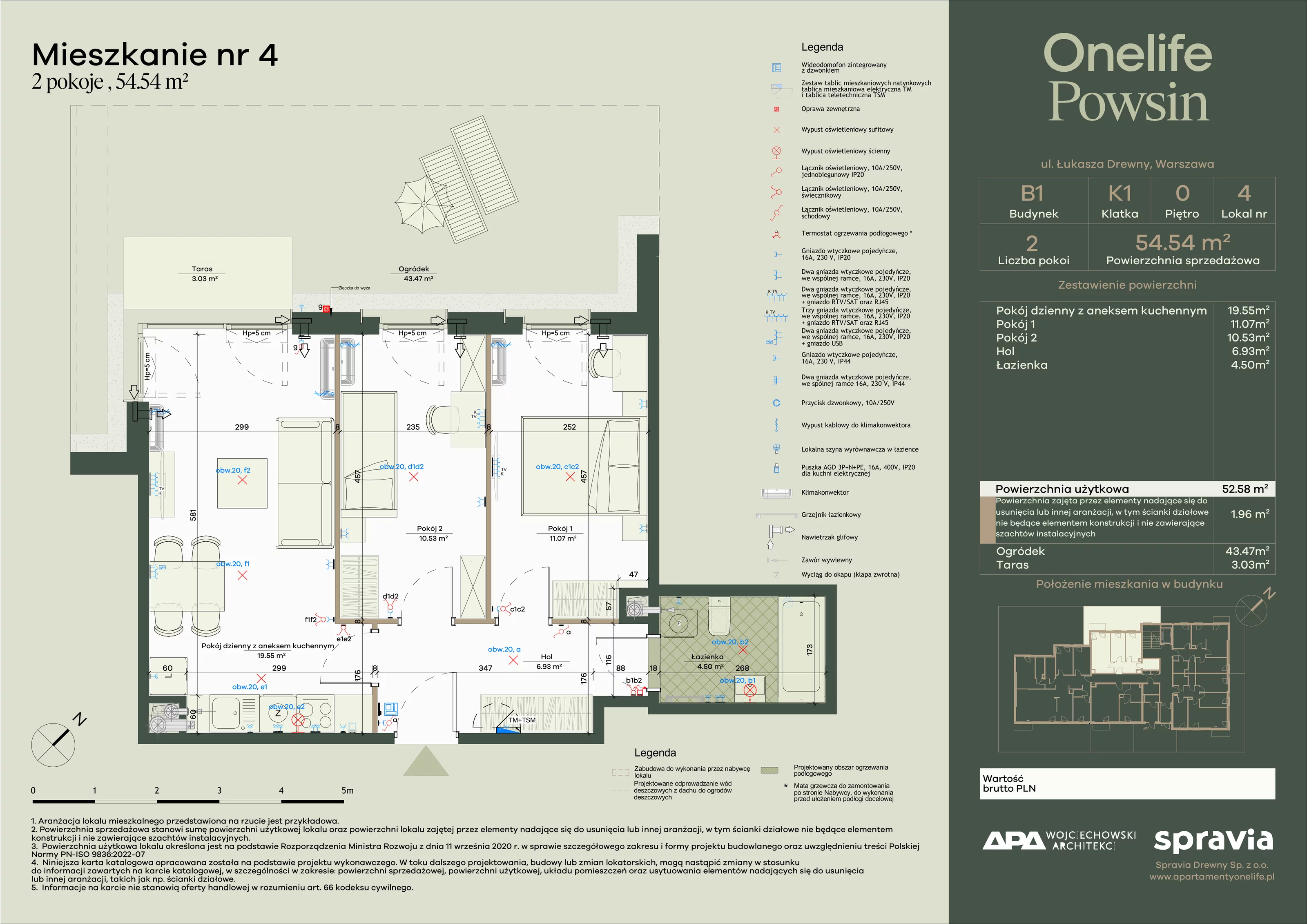 2 pokoje, apartament 54,54 m², parter, oferta nr B1-4, Onelife Powsin, Warszawa, Wilanów, Powsin, ul. Łukasza Drewny