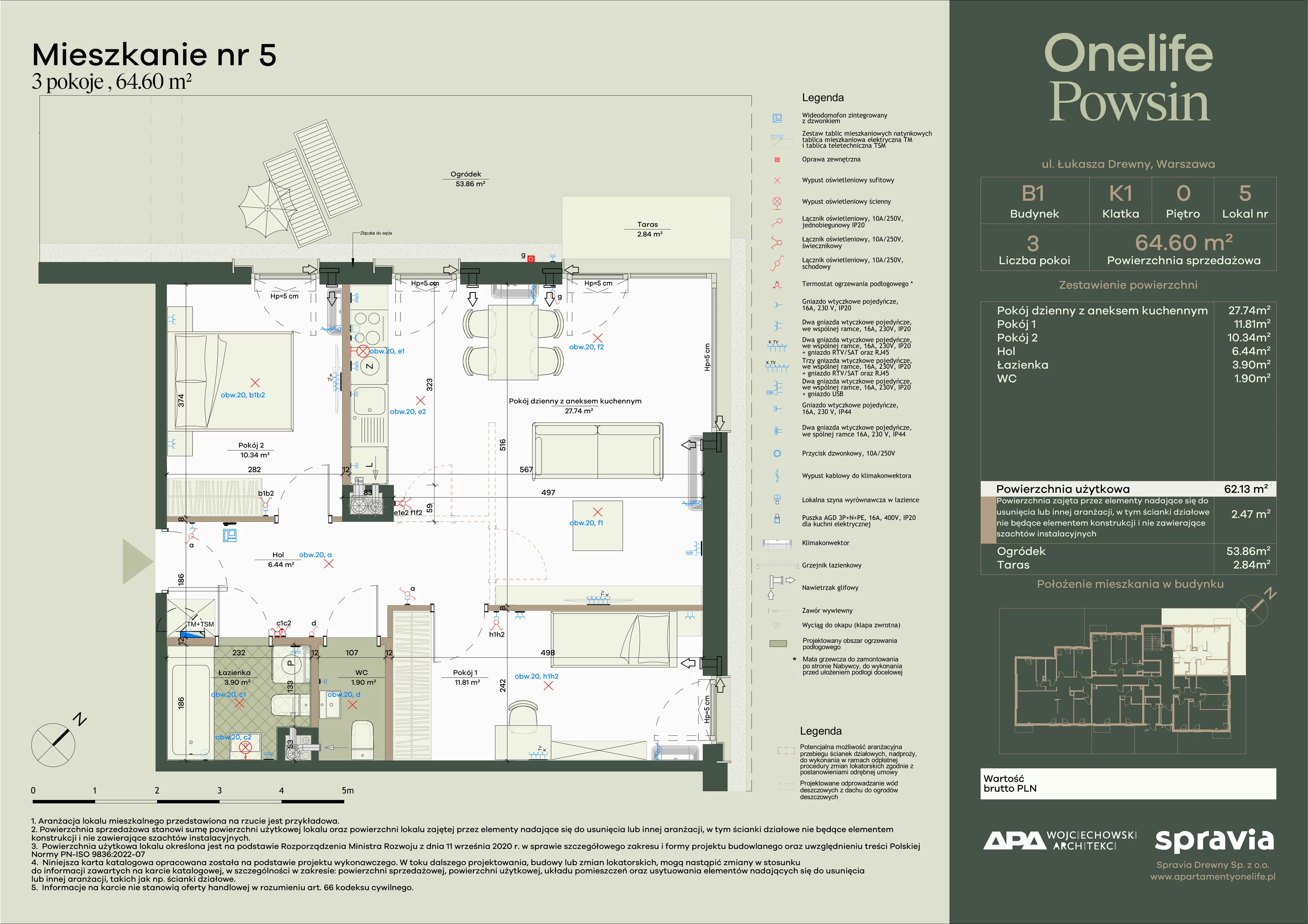 3 pokoje, apartament 64,60 m², parter, oferta nr B1-5, Onelife Powsin, Warszawa, Wilanów, Powsin, ul. Łukasza Drewny