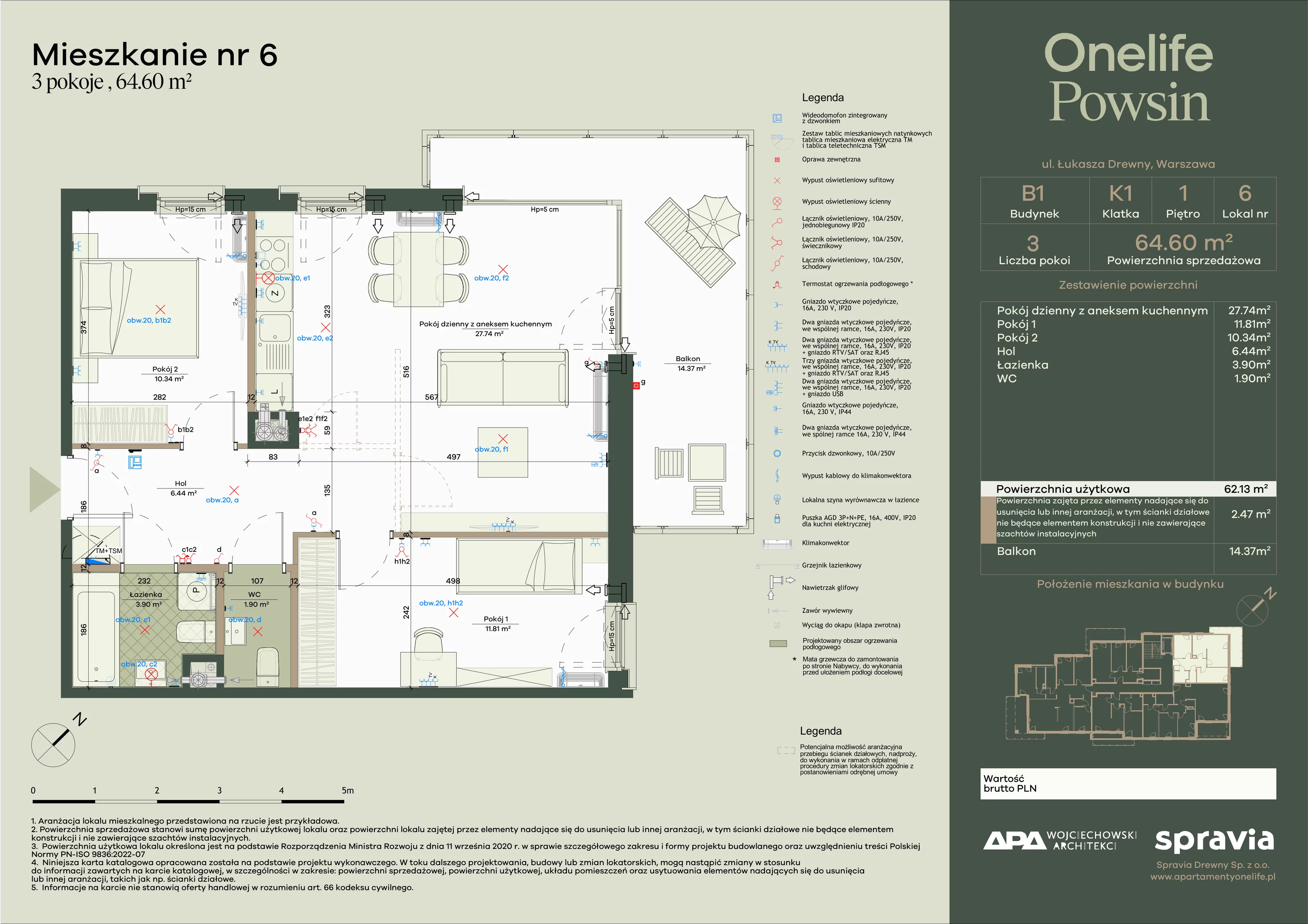 3 pokoje, apartament 64,60 m², piętro 1, oferta nr B1-6, Onelife Powsin, Warszawa, Wilanów, Powsin, ul. Łukasza Drewny