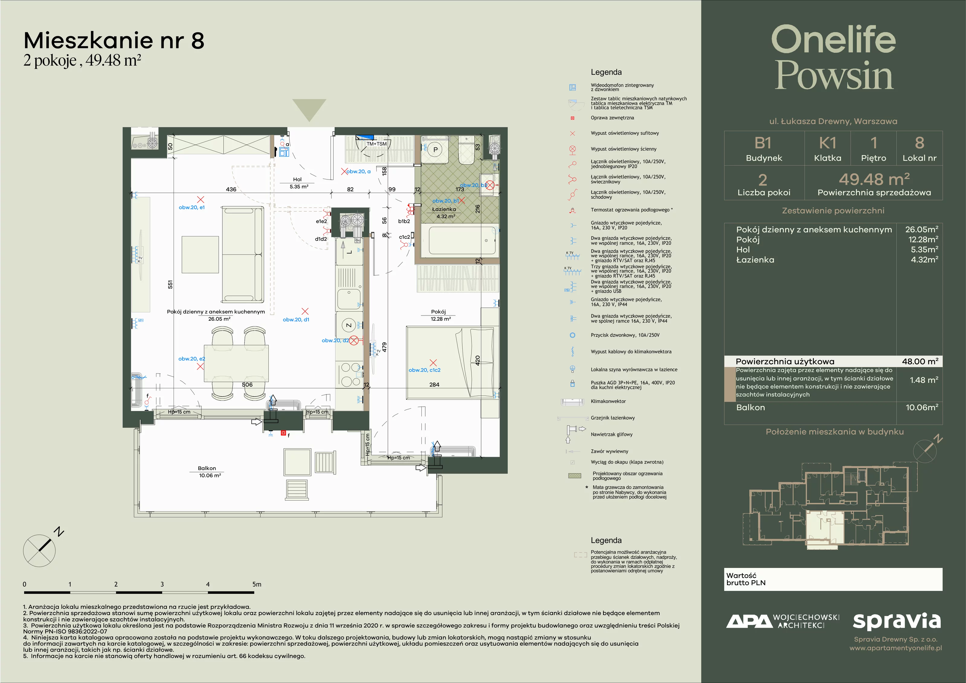 2 pokoje, apartament 49,48 m², piętro 1, oferta nr B1-8, Onelife Powsin, Warszawa, Wilanów, Powsin, ul. Łukasza Drewny