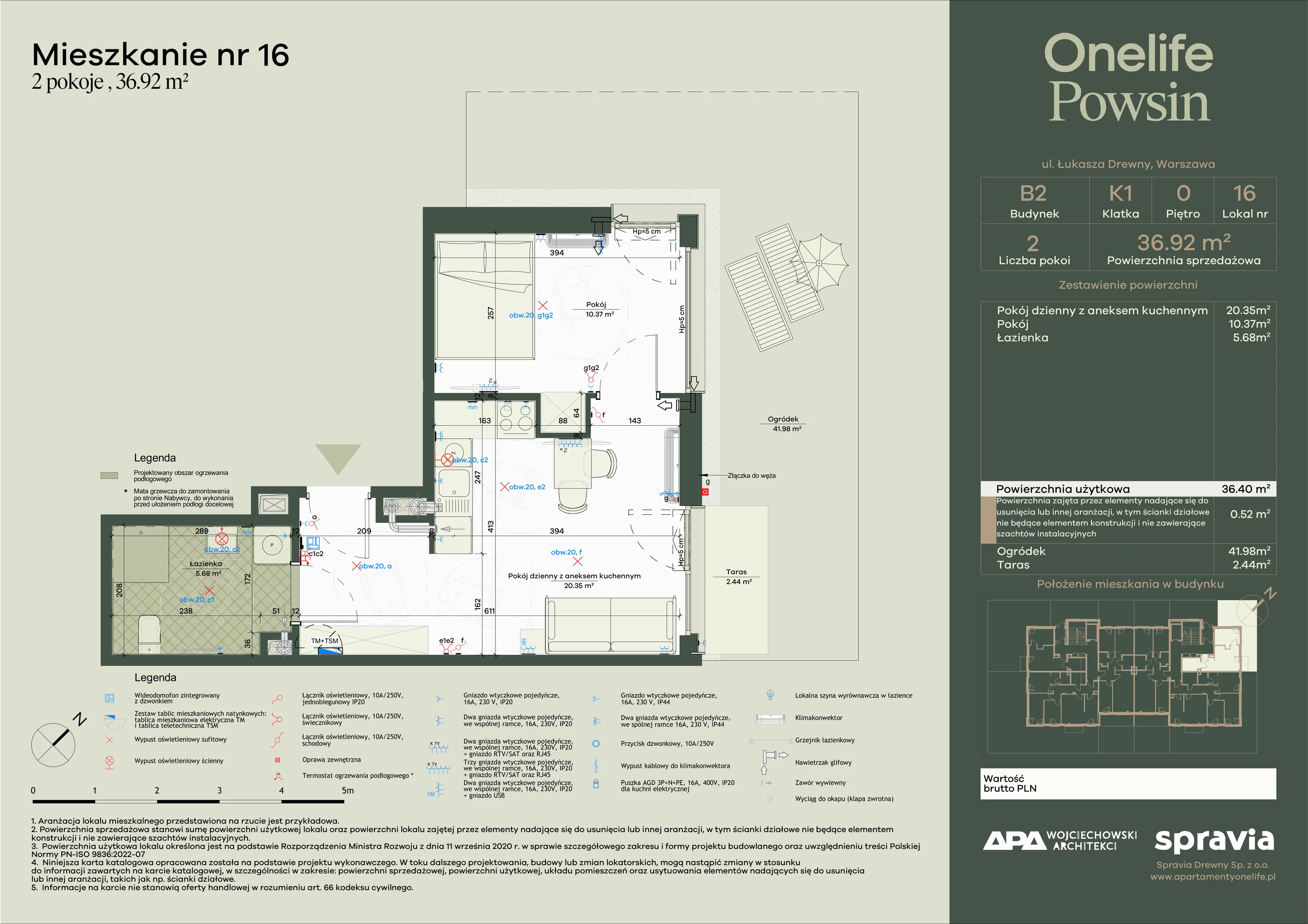 2 pokoje, apartament 36,92 m², parter, oferta nr B2-16, Onelife Powsin, Warszawa, Wilanów, Powsin, ul. Łukasza Drewny