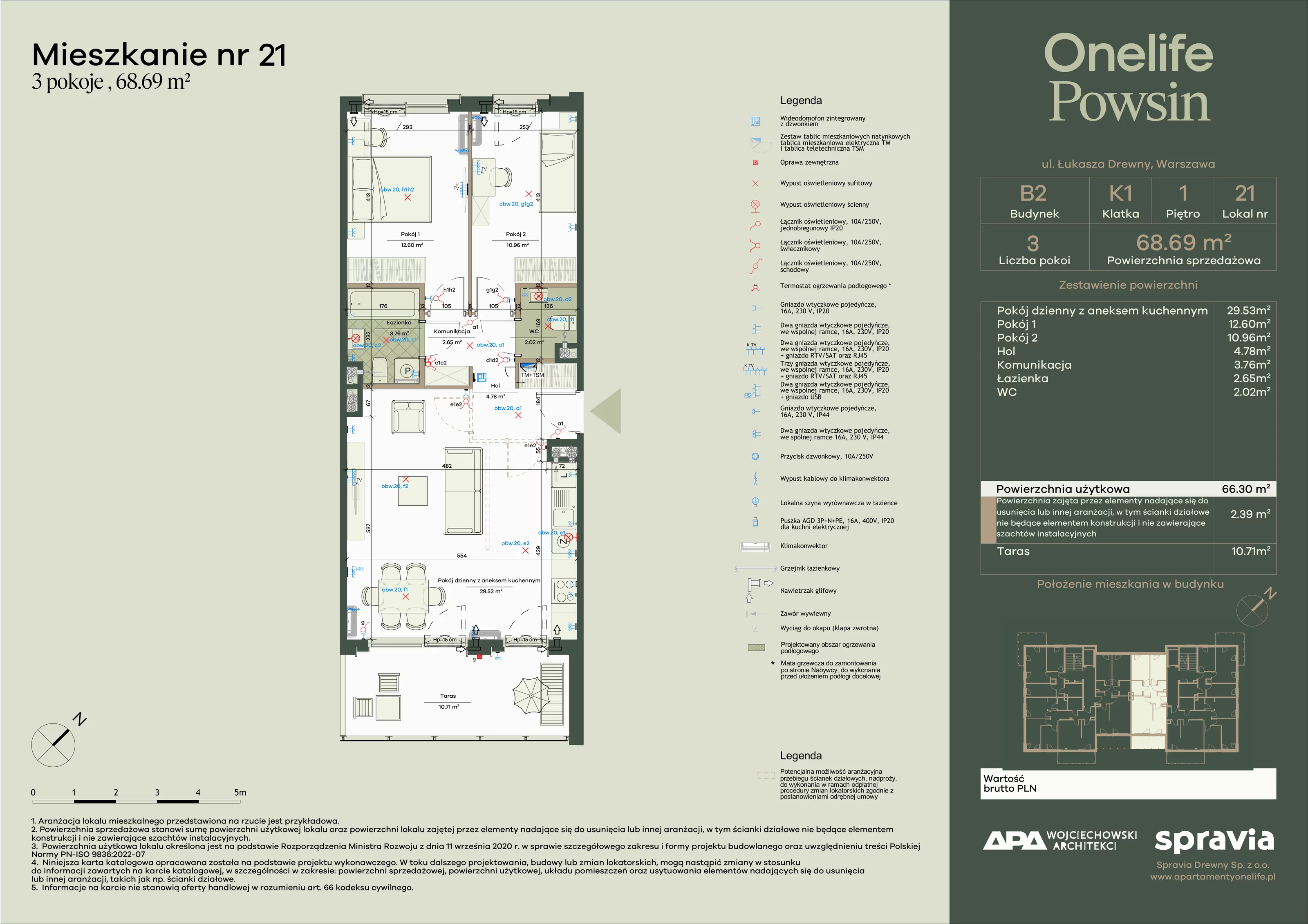 3 pokoje, apartament 68,69 m², piętro 1, oferta nr B2-21, Onelife Powsin, Warszawa, Wilanów, Powsin, ul. Łukasza Drewny