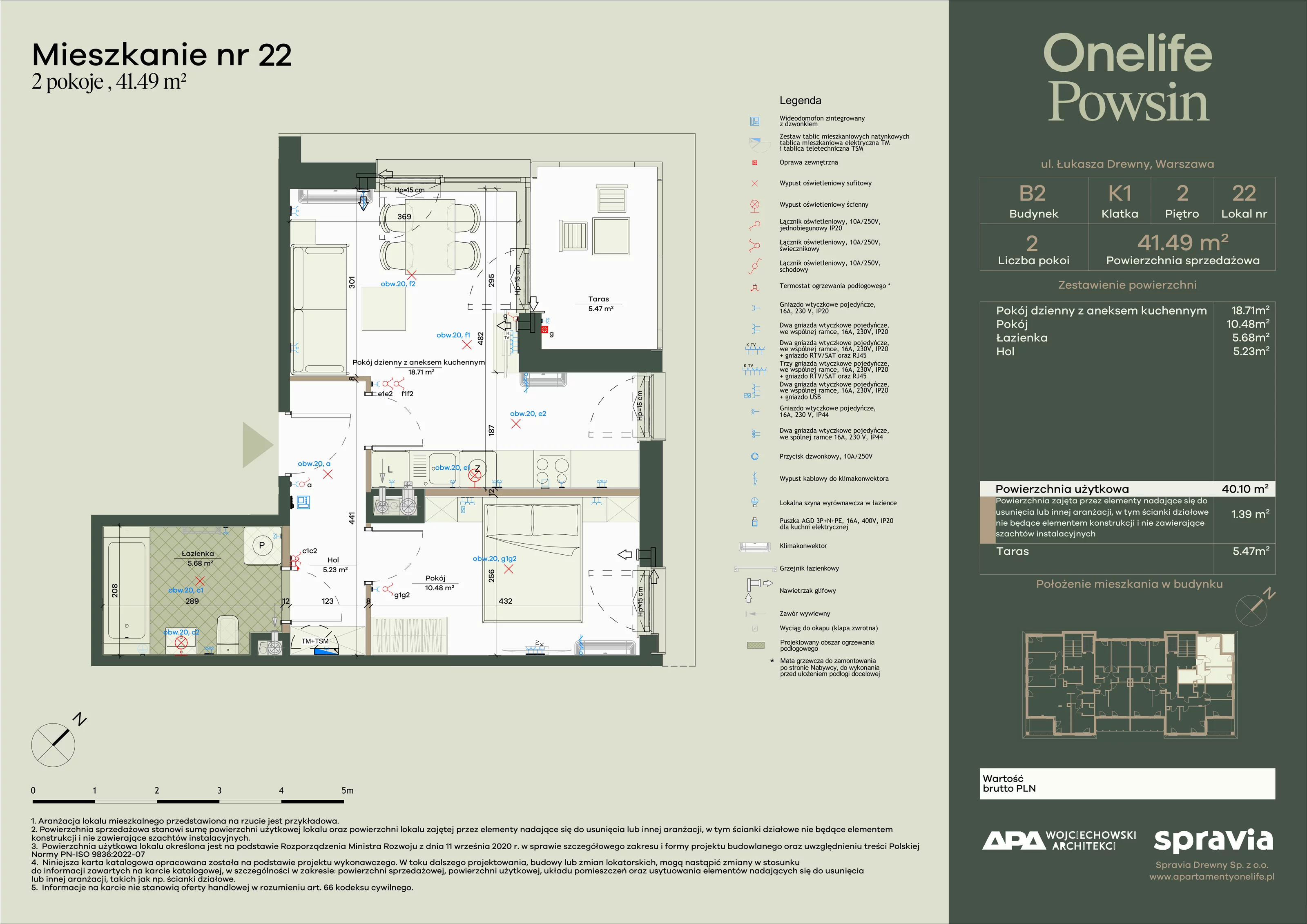 2 pokoje, apartament 41,49 m², piętro 2, oferta nr B2-22, Onelife Powsin, Warszawa, Wilanów, Powsin, ul. Łukasza Drewny