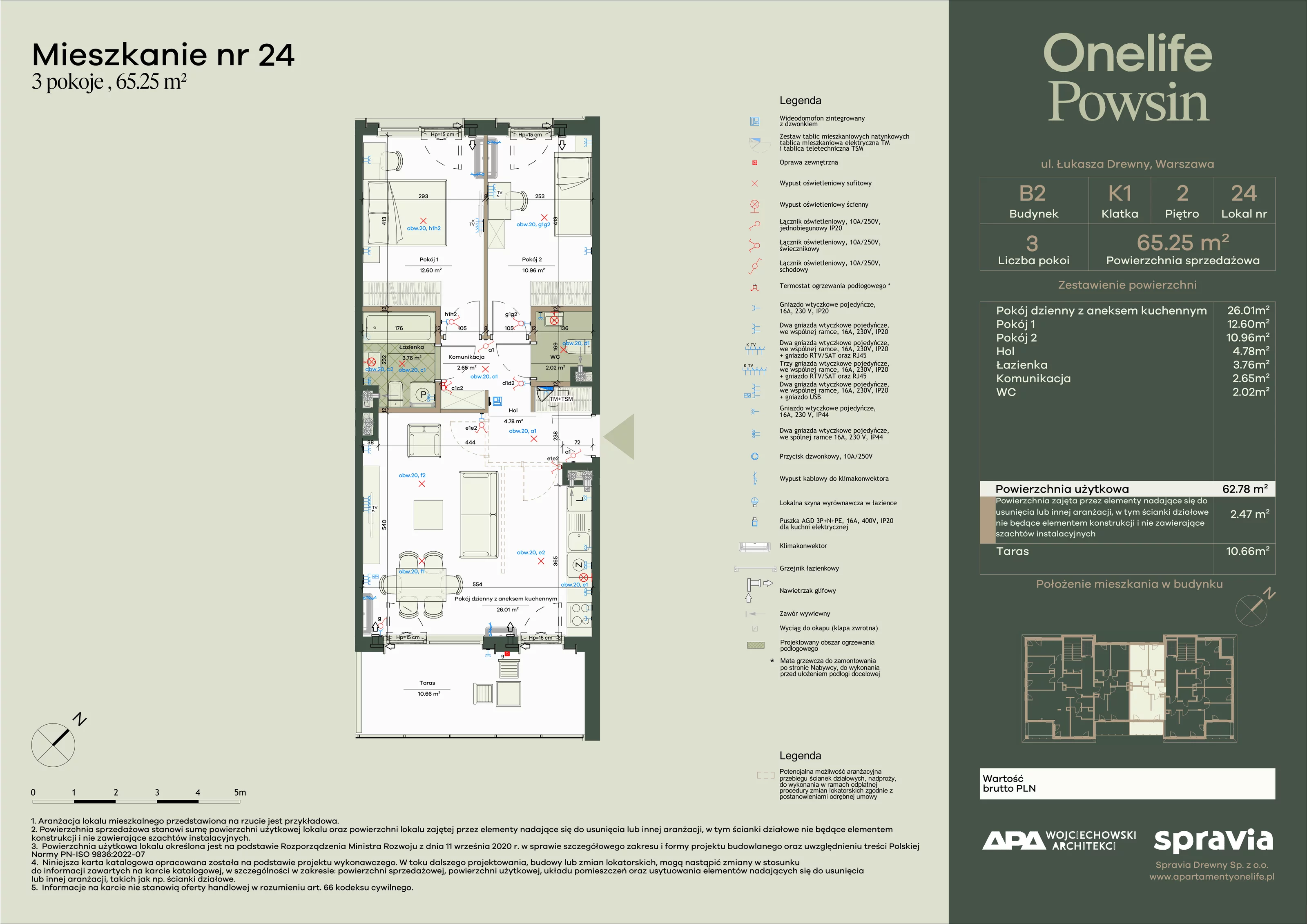 3 pokoje, apartament 65,25 m², piętro 2, oferta nr B2-24, Onelife Powsin, Warszawa, Wilanów, Powsin, ul. Łukasza Drewny