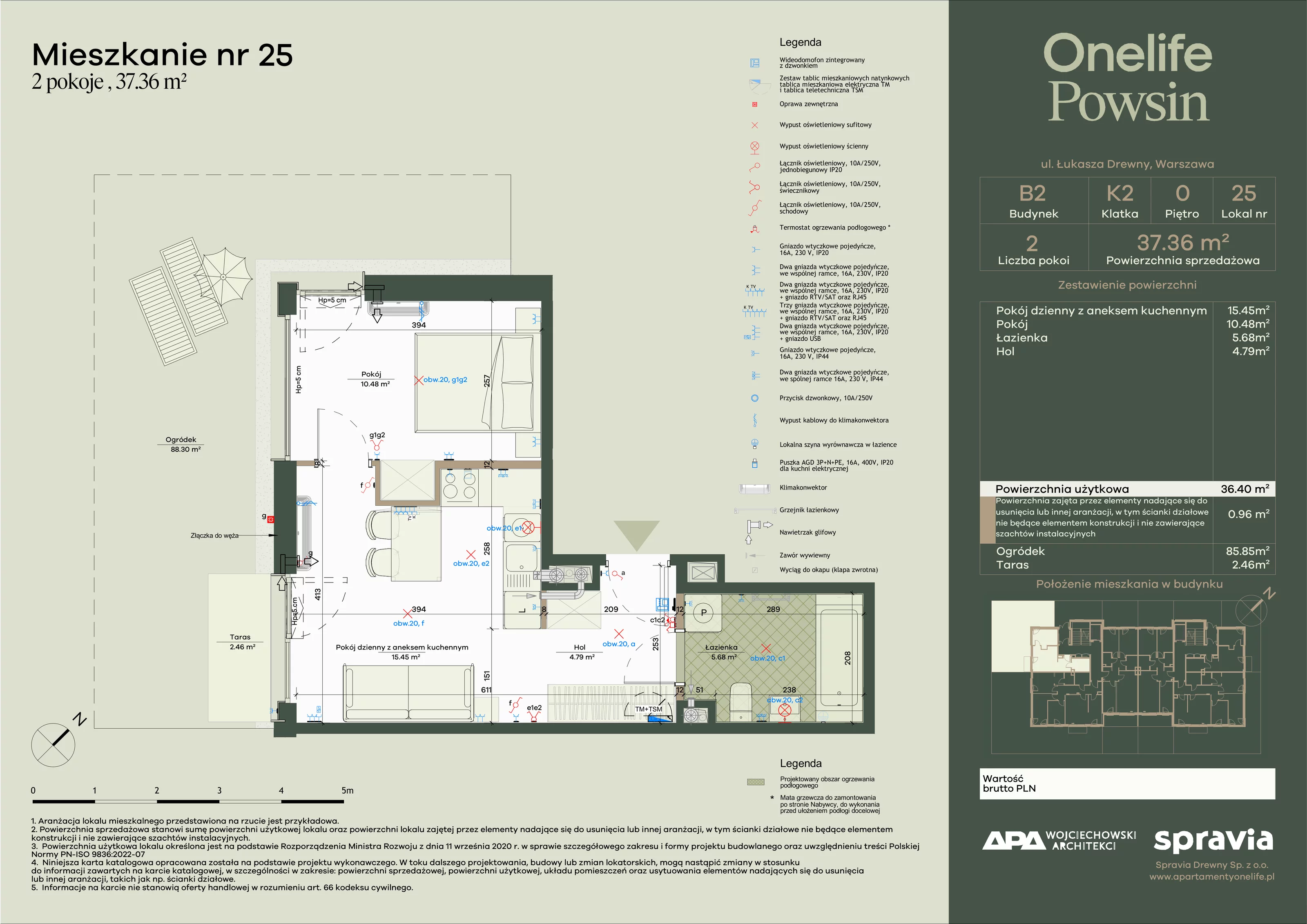 2 pokoje, apartament 37,36 m², parter, oferta nr B2-25, Onelife Powsin, Warszawa, Wilanów, Powsin, ul. Łukasza Drewny