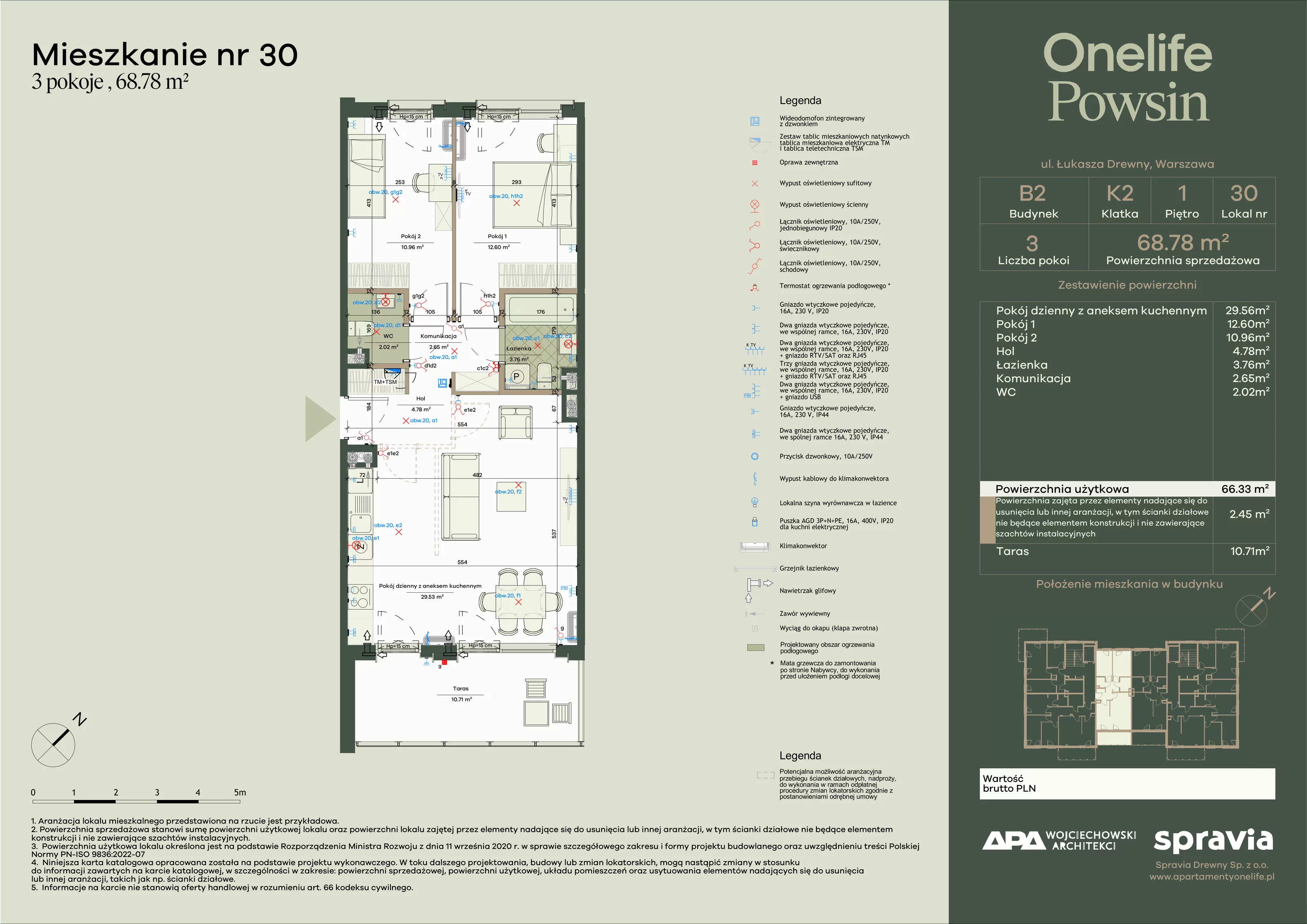 3 pokoje, apartament 68,78 m², piętro 1, oferta nr B2-30, Onelife Powsin, Warszawa, Wilanów, Powsin, ul. Łukasza Drewny