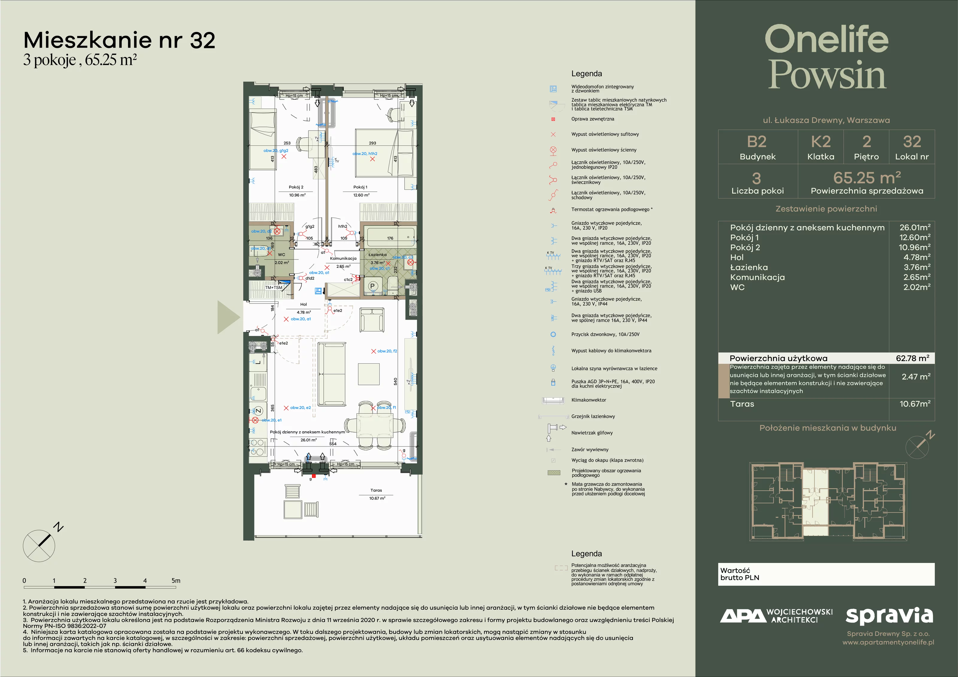 3 pokoje, apartament 65,25 m², piętro 2, oferta nr B2-32, Onelife Powsin, Warszawa, Wilanów, Powsin, ul. Łukasza Drewny