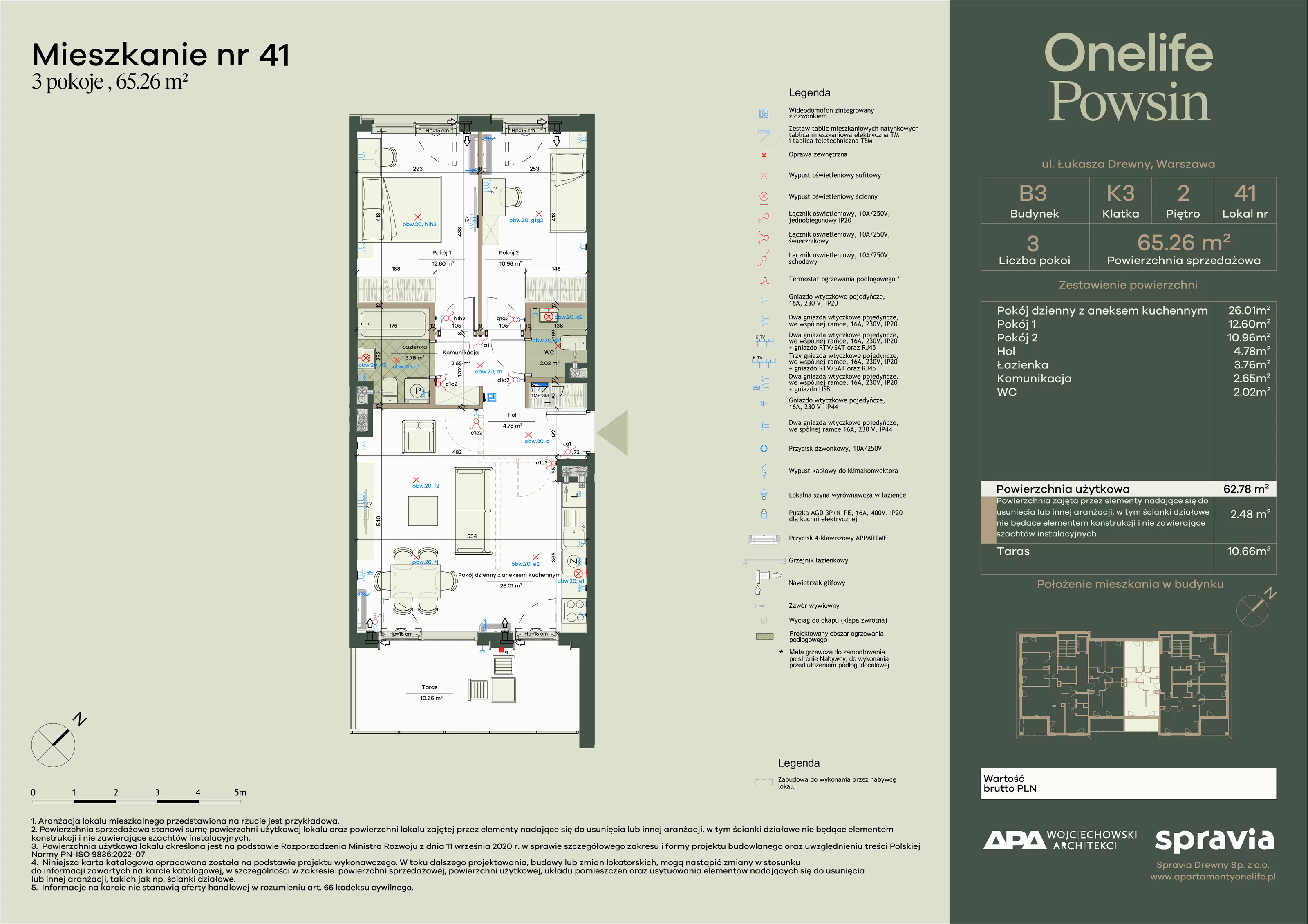 3 pokoje, apartament 65,26 m², piętro 2, oferta nr B3-41, Onelife Powsin, Warszawa, Wilanów, Powsin, ul. Łukasza Drewny