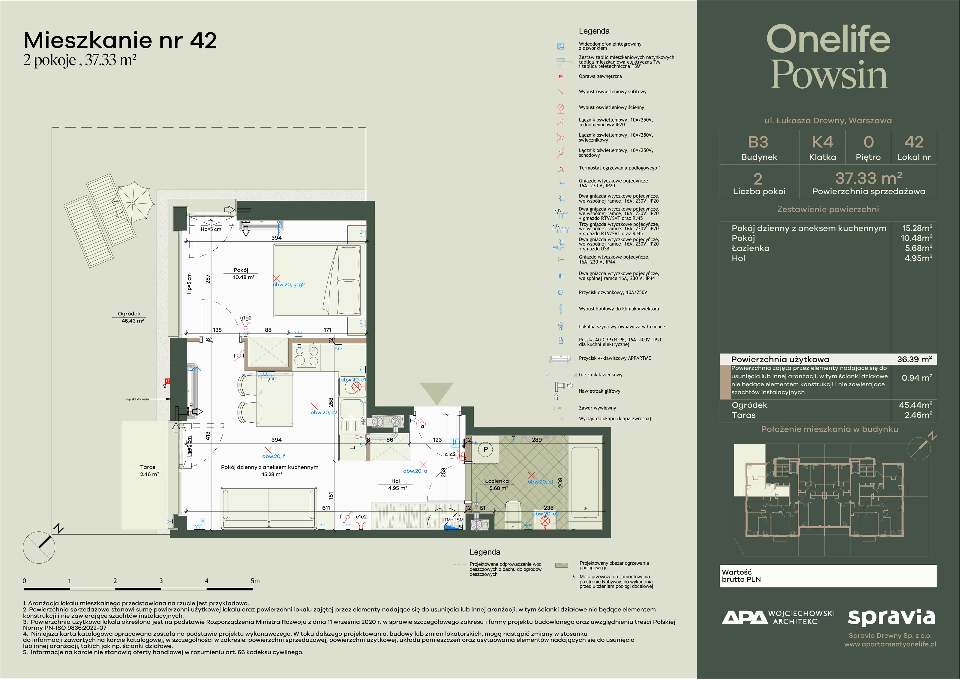 2 pokoje, apartament 37,33 m², parter, oferta nr B3-42, Onelife Powsin, Warszawa, Wilanów, Powsin, ul. Łukasza Drewny