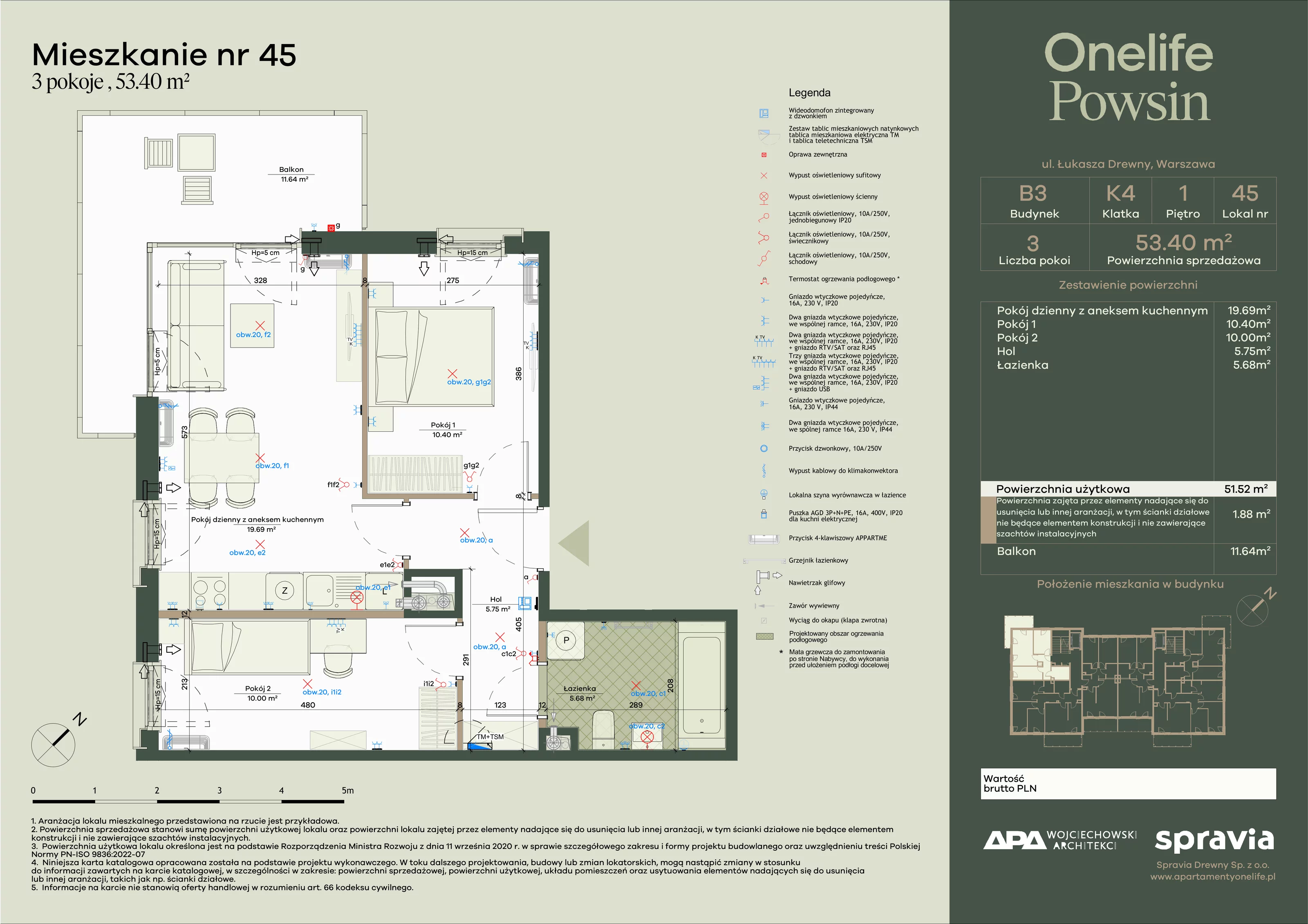 3 pokoje, apartament 53,40 m², piętro 1, oferta nr B3-45, Onelife Powsin, Warszawa, Wilanów, Powsin, ul. Łukasza Drewny