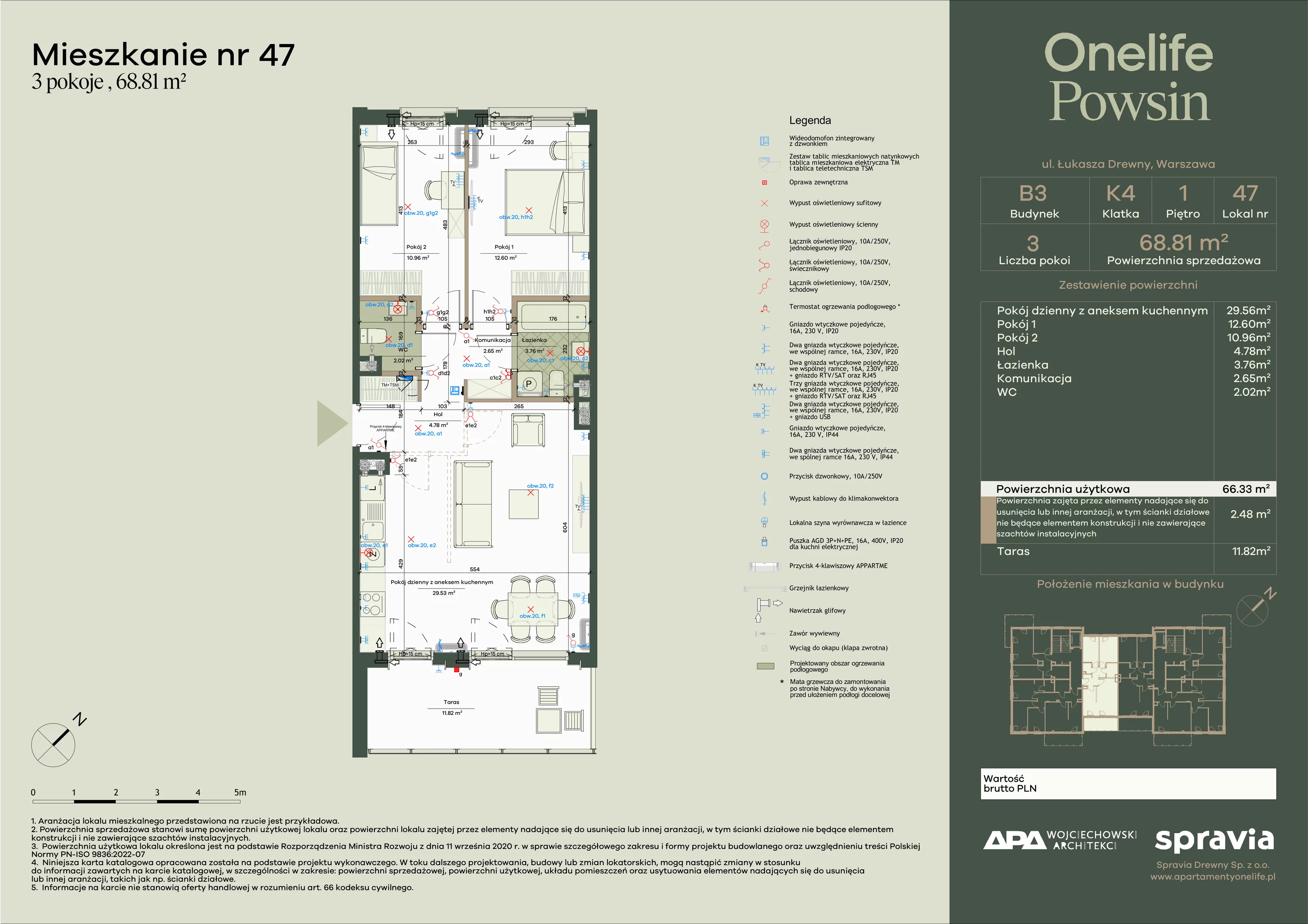 3 pokoje, apartament 68,81 m², piętro 1, oferta nr B3-47, Onelife Powsin, Warszawa, Wilanów, Powsin, ul. Łukasza Drewny