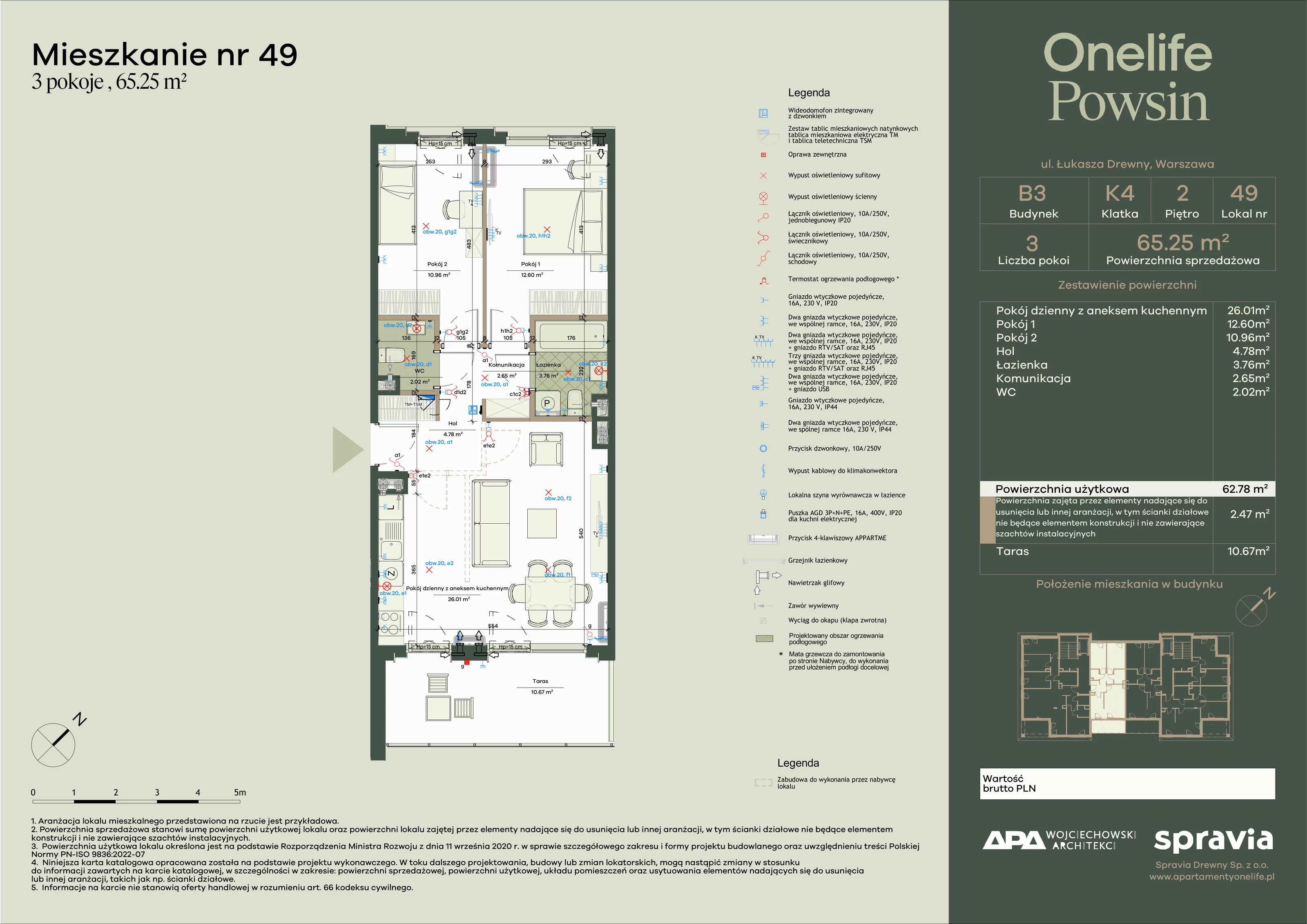 3 pokoje, apartament 65,25 m², piętro 2, oferta nr B3-49, Onelife Powsin, Warszawa, Wilanów, Powsin, ul. Łukasza Drewny