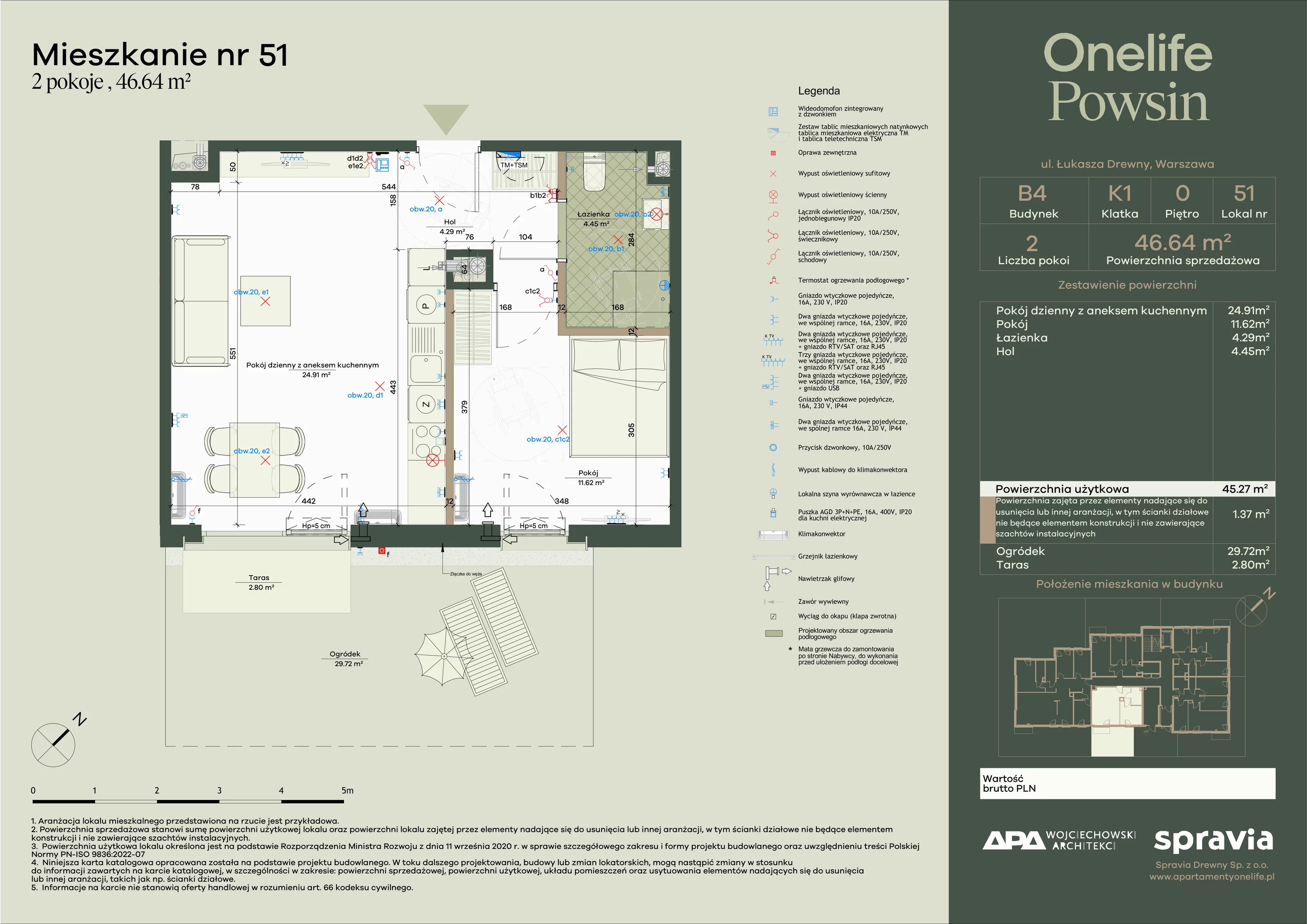 2 pokoje, apartament 46,64 m², parter, oferta nr B4-51, Onelife Powsin, Warszawa, Wilanów, Powsin, ul. Łukasza Drewny