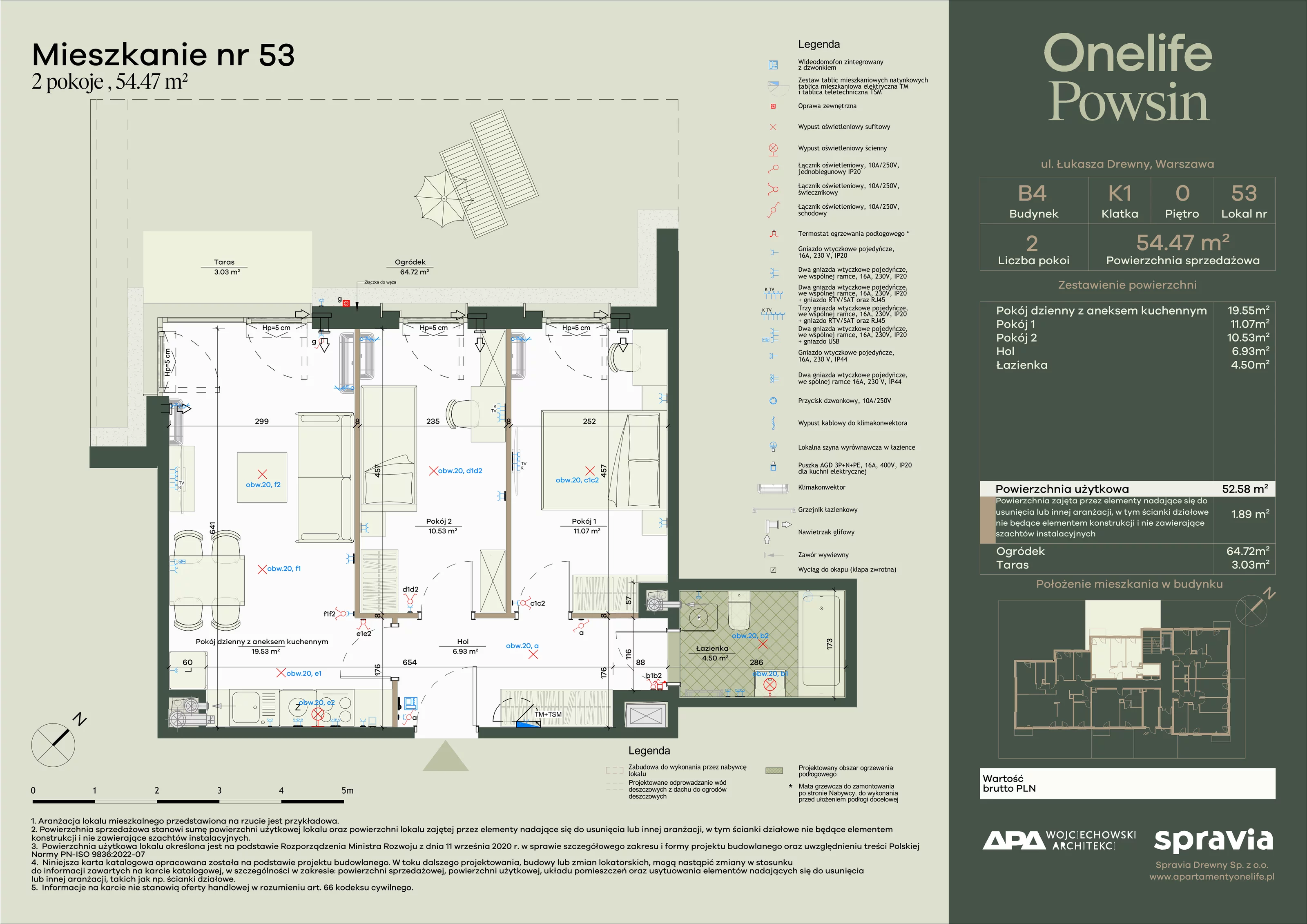 2 pokoje, apartament 54,47 m², parter, oferta nr B4-53, Onelife Powsin, Warszawa, Wilanów, Powsin, ul. Łukasza Drewny