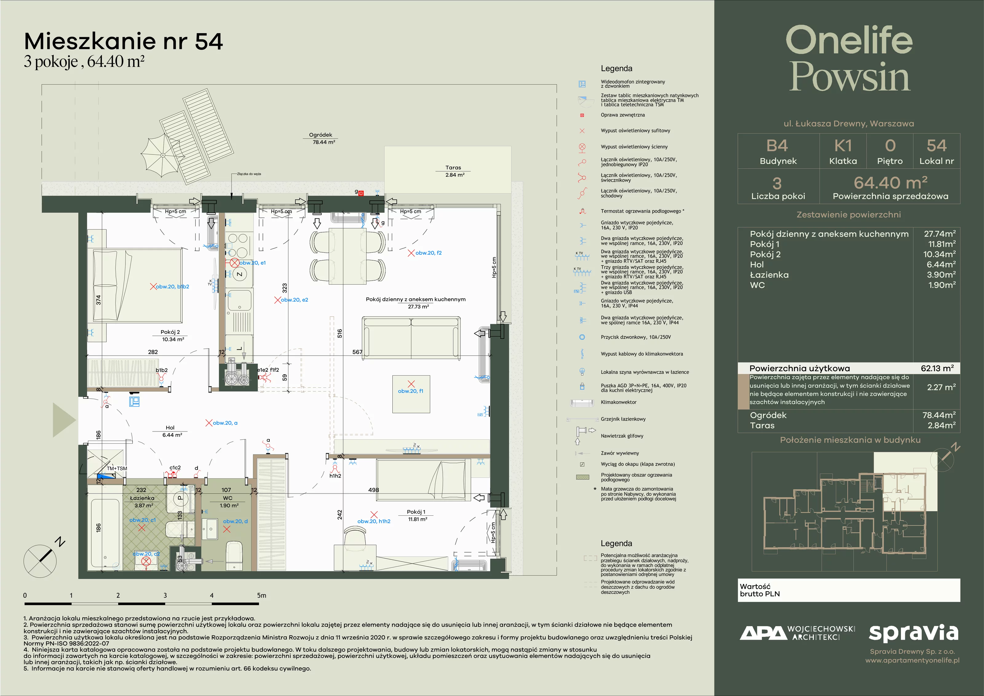 3 pokoje, apartament 64,40 m², parter, oferta nr B4-54, Onelife Powsin, Warszawa, Wilanów, Powsin, ul. Łukasza Drewny