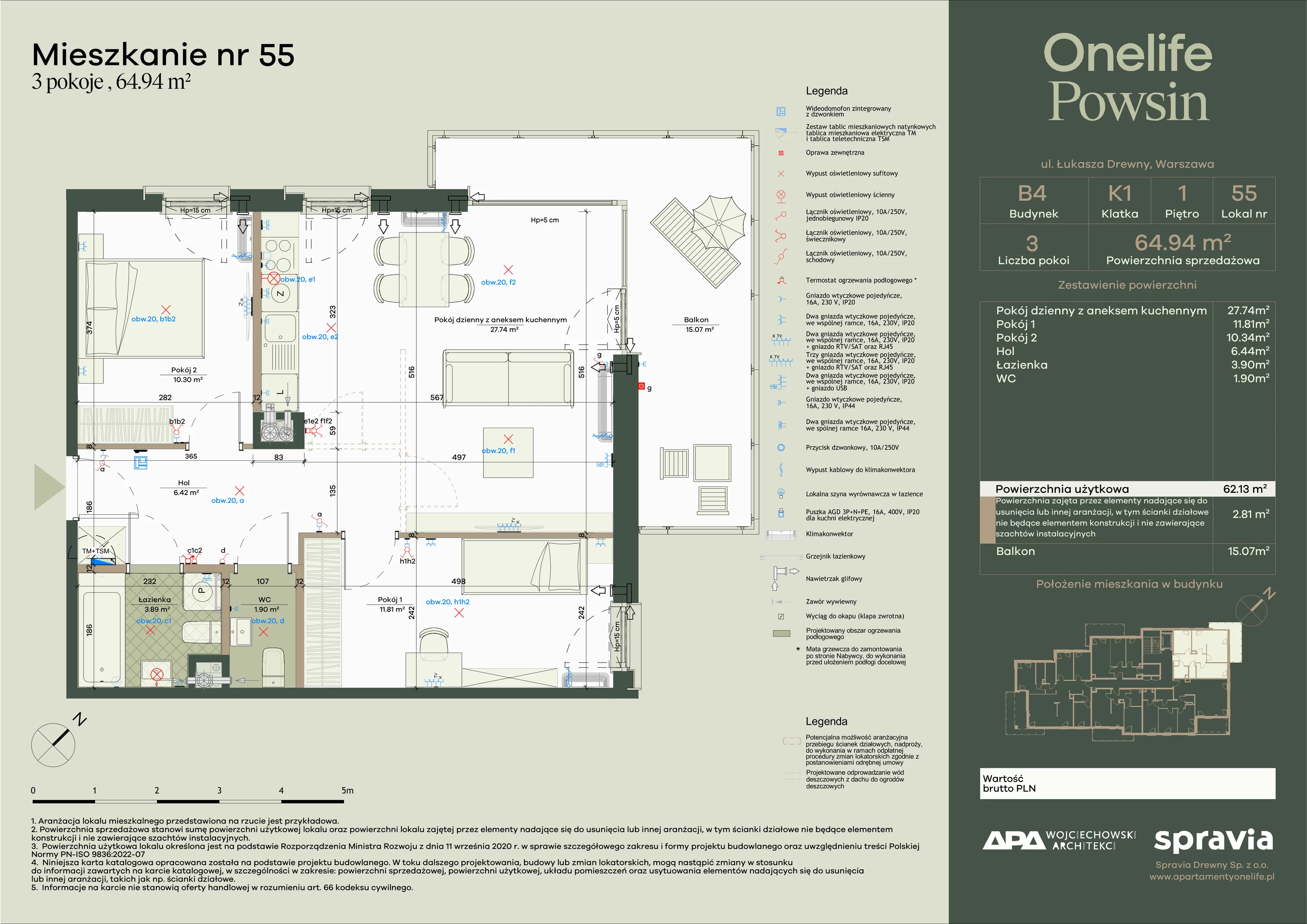 3 pokoje, apartament 64,94 m², piętro 1, oferta nr B4-55, Onelife Powsin, Warszawa, Wilanów, Powsin, ul. Łukasza Drewny