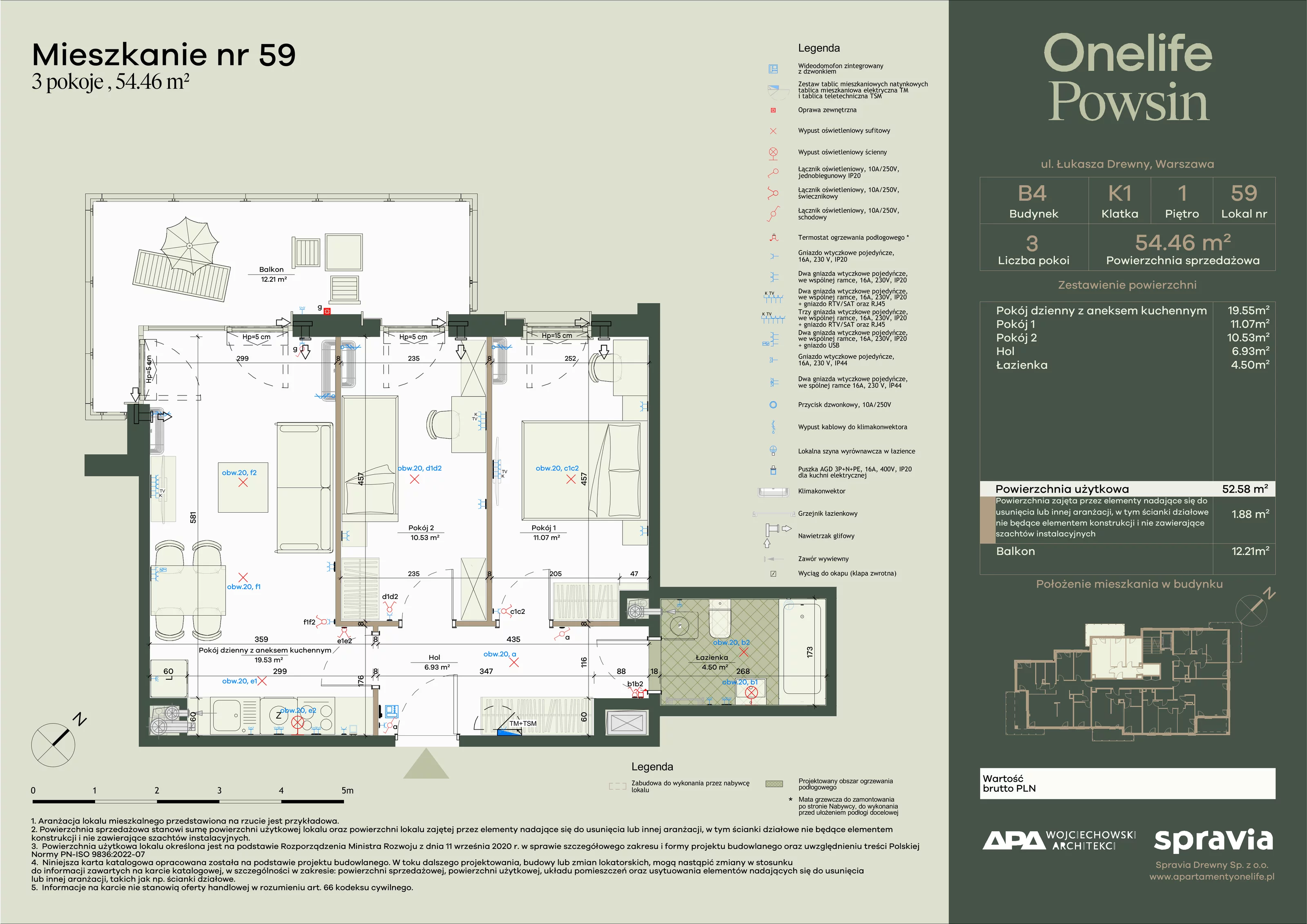 2 pokoje, apartament 54,46 m², piętro 1, oferta nr B4-59, Onelife Powsin, Warszawa, Wilanów, Powsin, ul. Łukasza Drewny