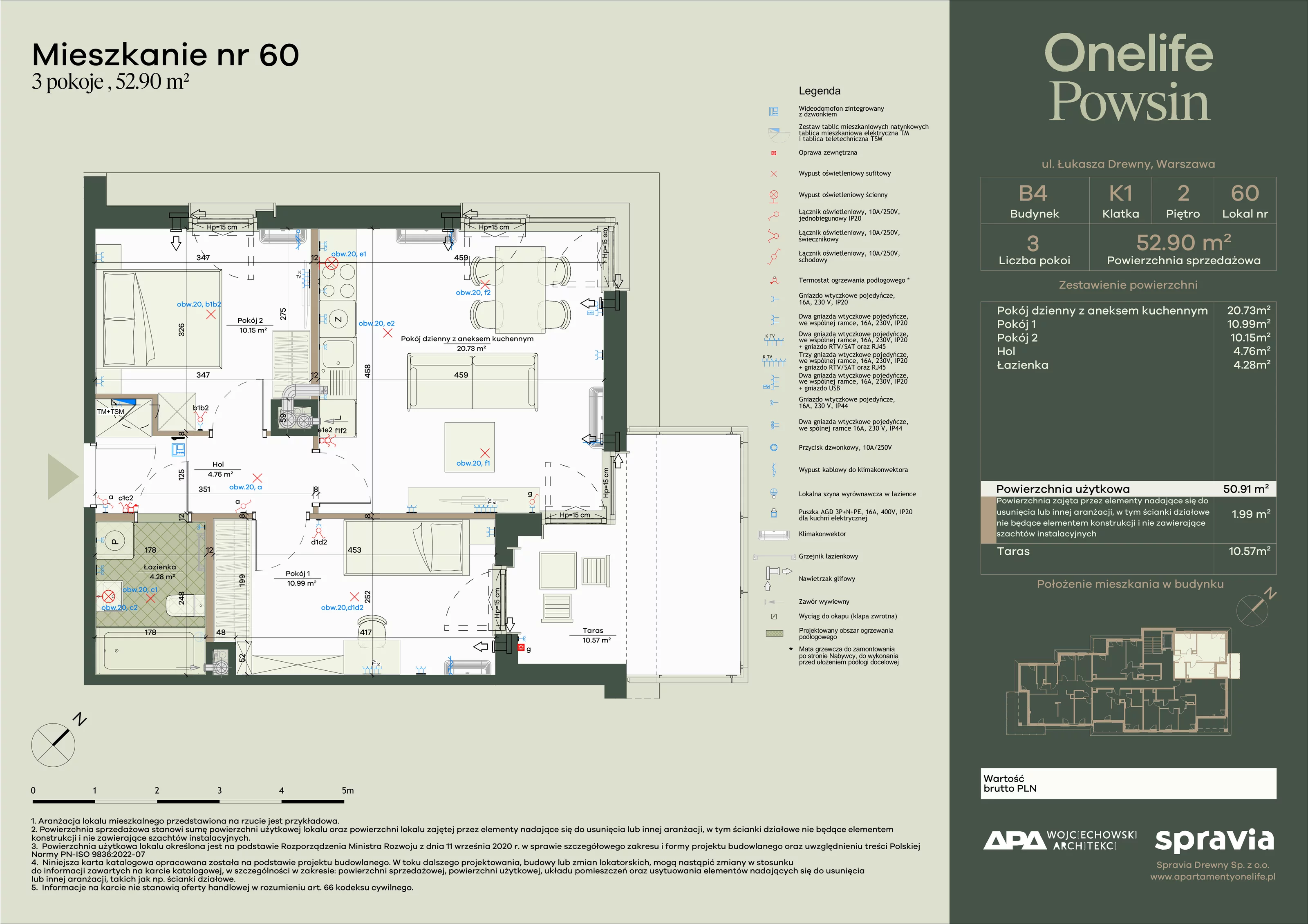 3 pokoje, apartament 52,90 m², piętro 2, oferta nr B4-60, Onelife Powsin, Warszawa, Wilanów, Powsin, ul. Łukasza Drewny