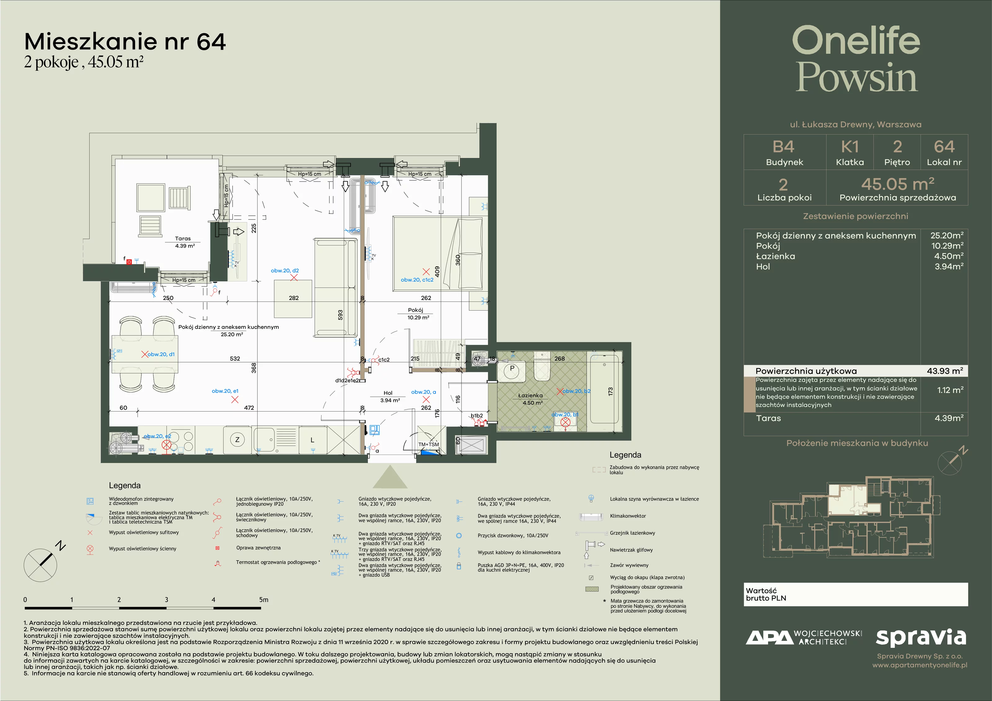 2 pokoje, apartament 45,05 m², piętro 2, oferta nr B4-64, Onelife Powsin, Warszawa, Wilanów, Powsin, ul. Łukasza Drewny