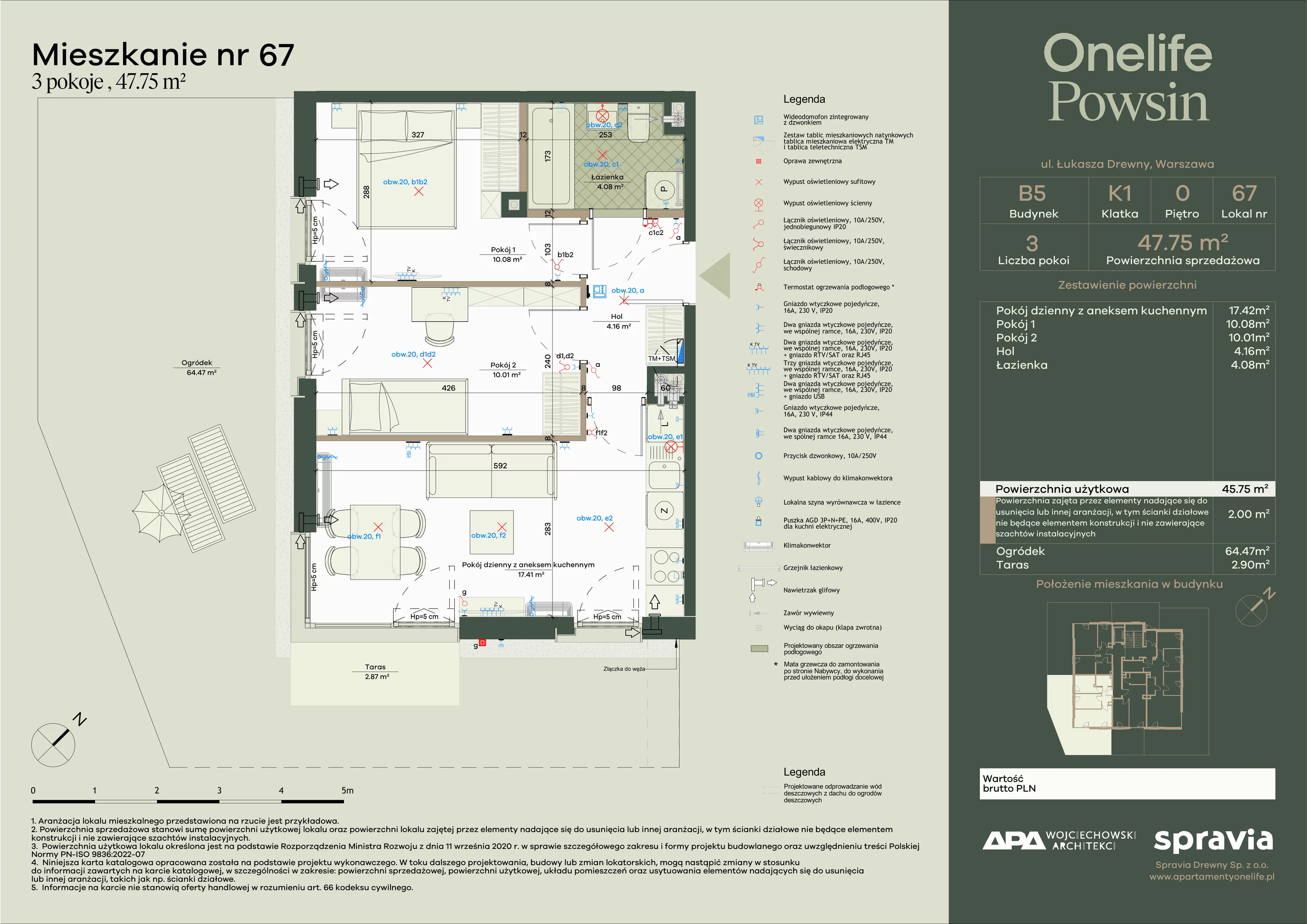 3 pokoje, apartament 47,75 m², parter, oferta nr B5-67, Onelife Powsin, Warszawa, Wilanów, Powsin, ul. Łukasza Drewny