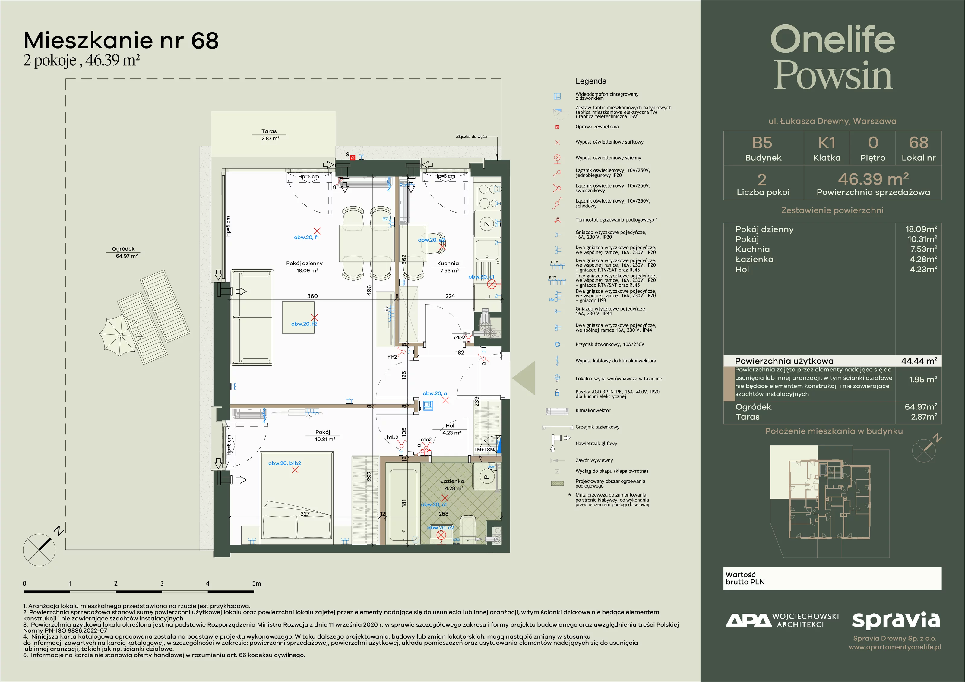 2 pokoje, apartament 46,39 m², parter, oferta nr B5-68, Onelife Powsin, Warszawa, Wilanów, Powsin, ul. Łukasza Drewny