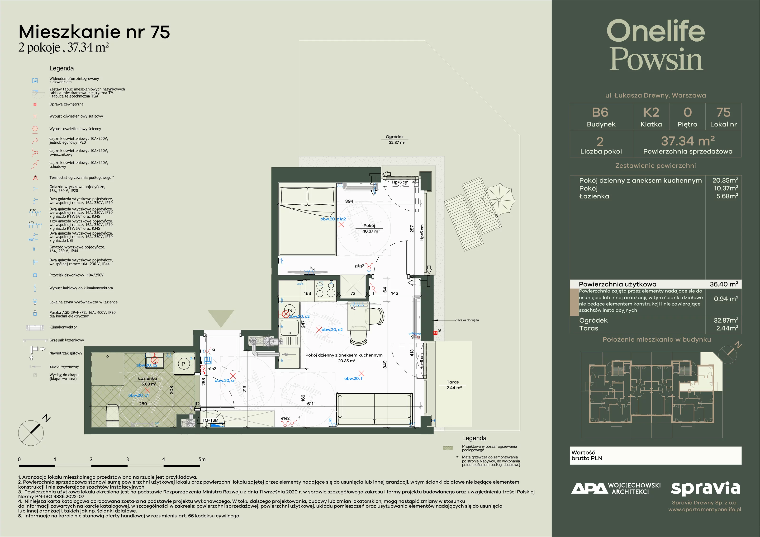 2 pokoje, apartament 37,34 m², parter, oferta nr B6-75, Onelife Powsin, Warszawa, Wilanów, Powsin, ul. Łukasza Drewny