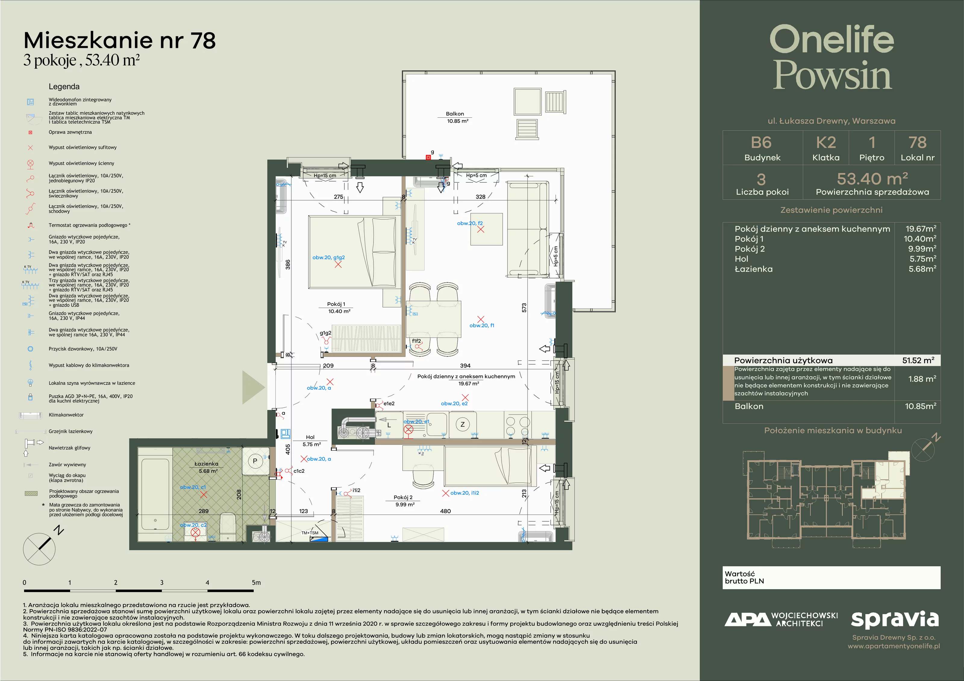 3 pokoje, apartament 53,40 m², piętro 1, oferta nr B6-78, Onelife Powsin, Warszawa, Wilanów, Powsin, ul. Łukasza Drewny