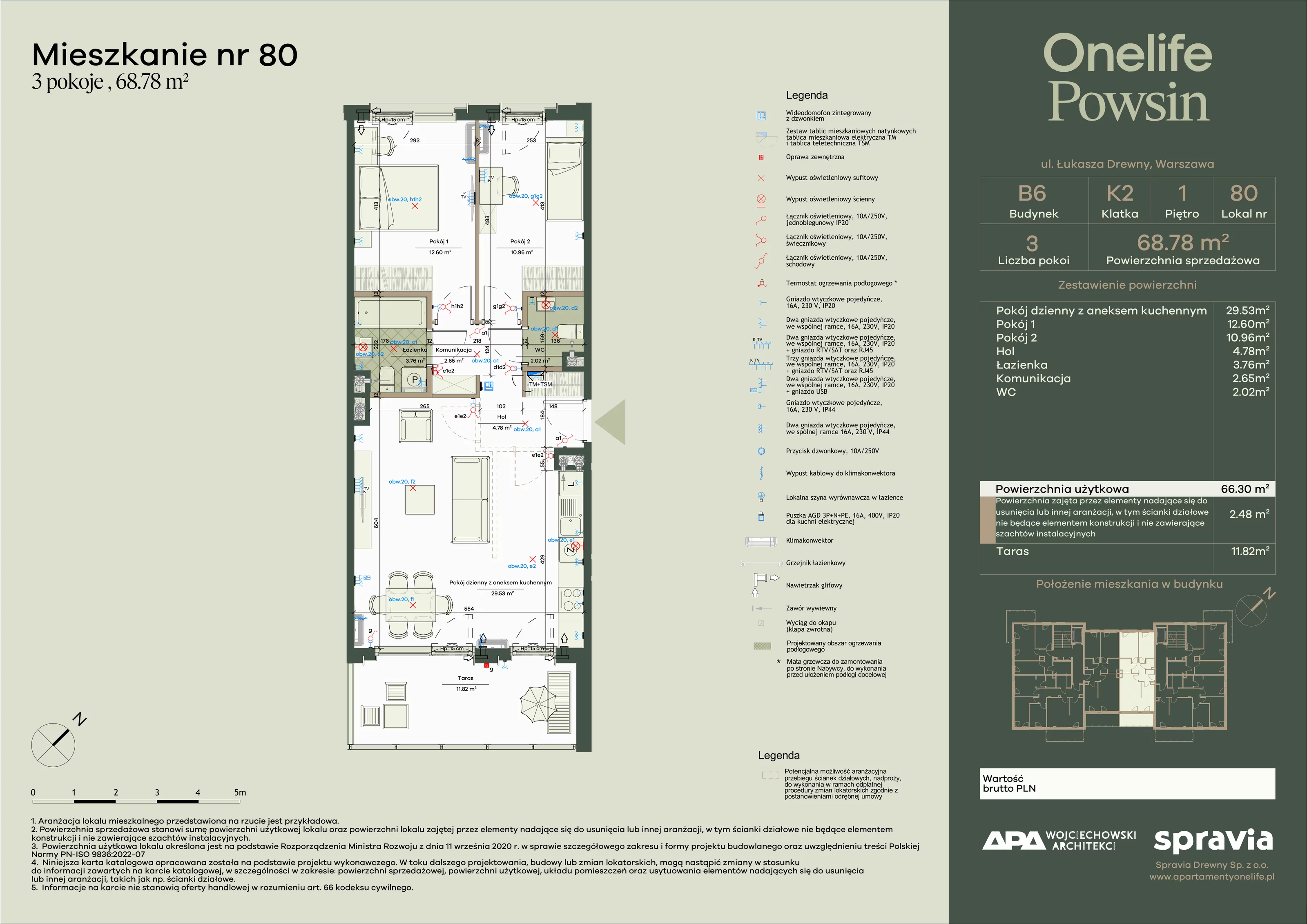 3 pokoje, apartament 68,78 m², piętro 1, oferta nr B6-80, Onelife Powsin, Warszawa, Wilanów, Powsin, ul. Łukasza Drewny