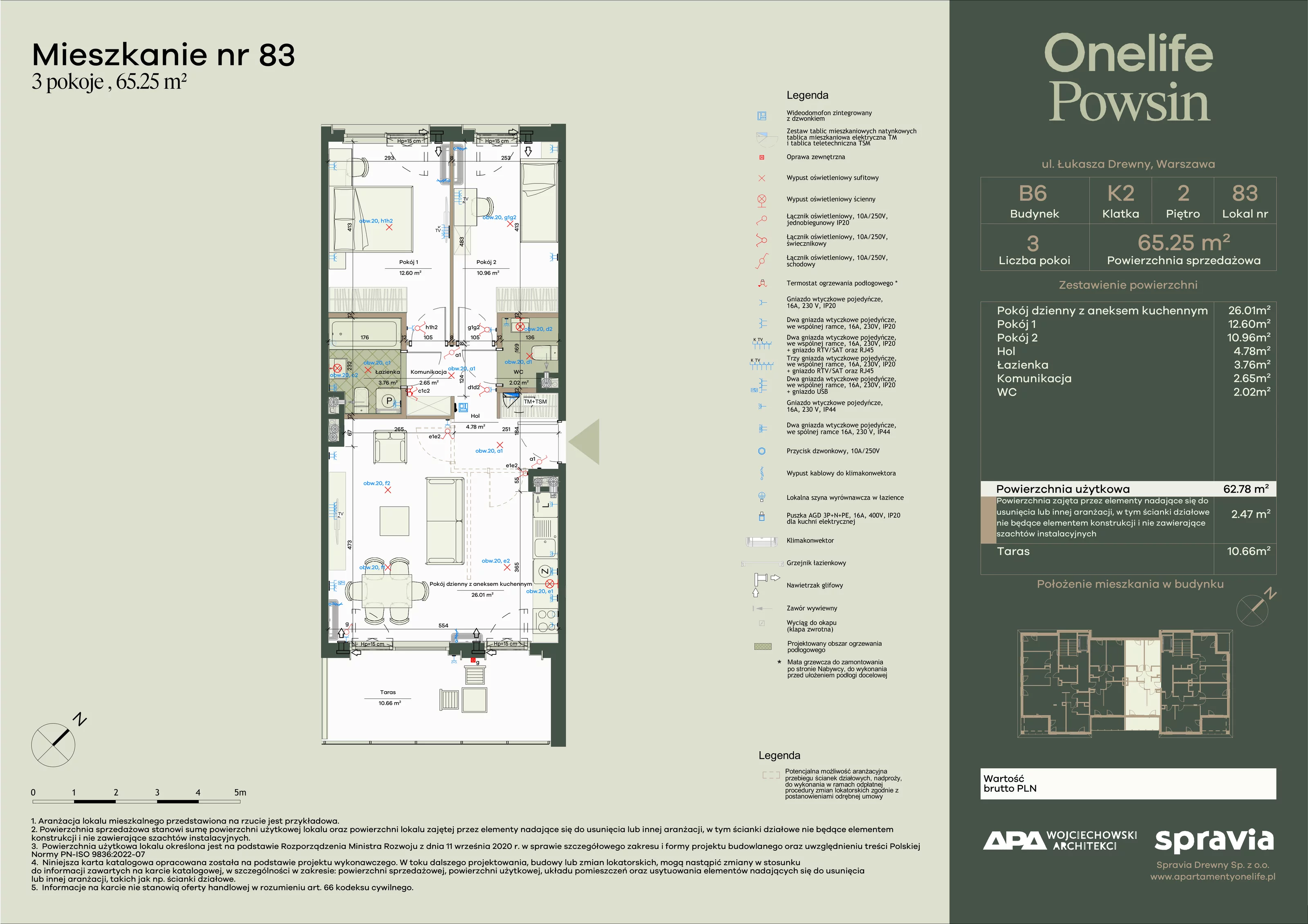 3 pokoje, apartament 65,25 m², piętro 2, oferta nr B6-83, Onelife Powsin, Warszawa, Wilanów, Powsin, ul. Łukasza Drewny