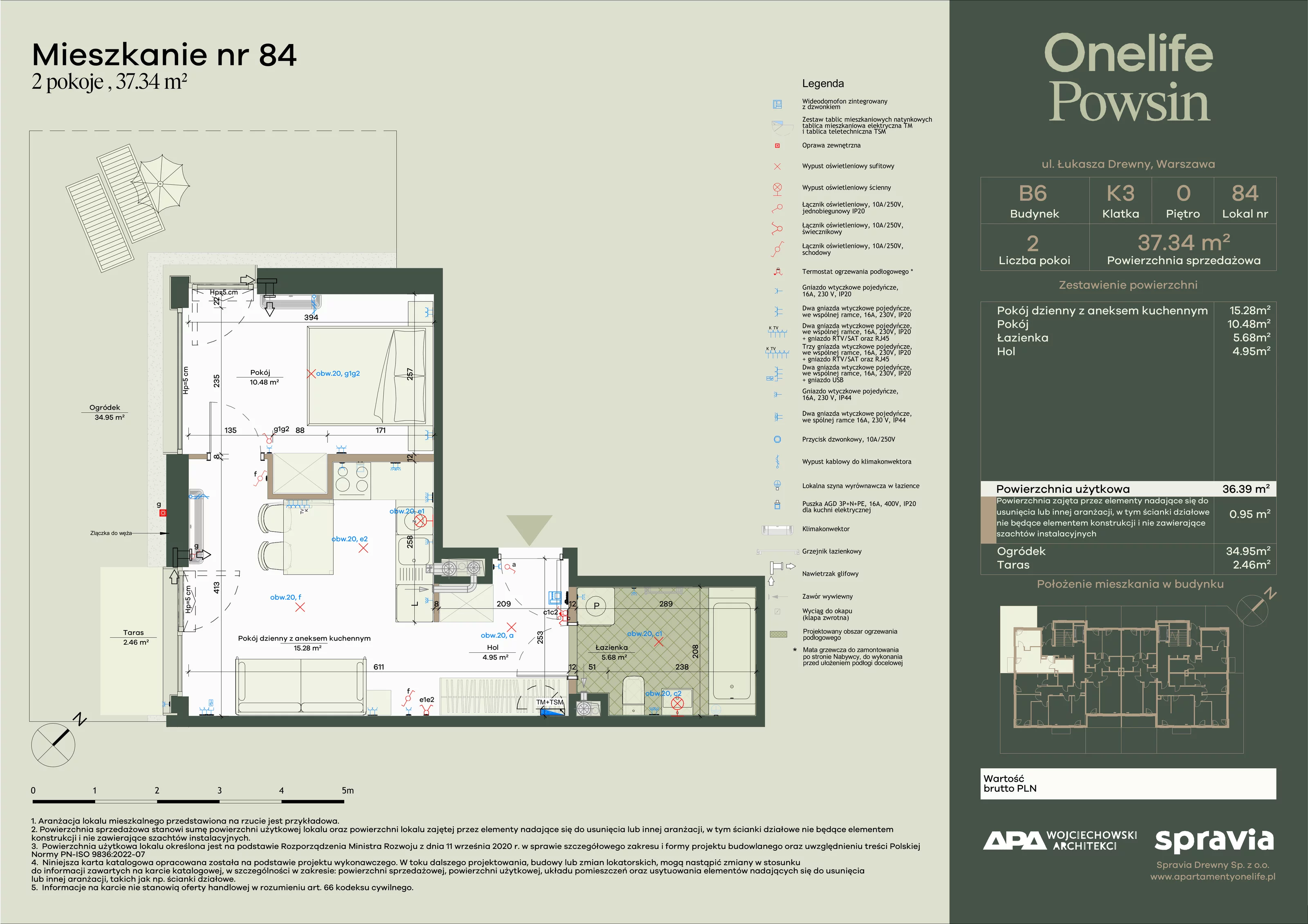 2 pokoje, apartament 37,34 m², parter, oferta nr B6-84, Onelife Powsin, Warszawa, Wilanów, Powsin, ul. Łukasza Drewny