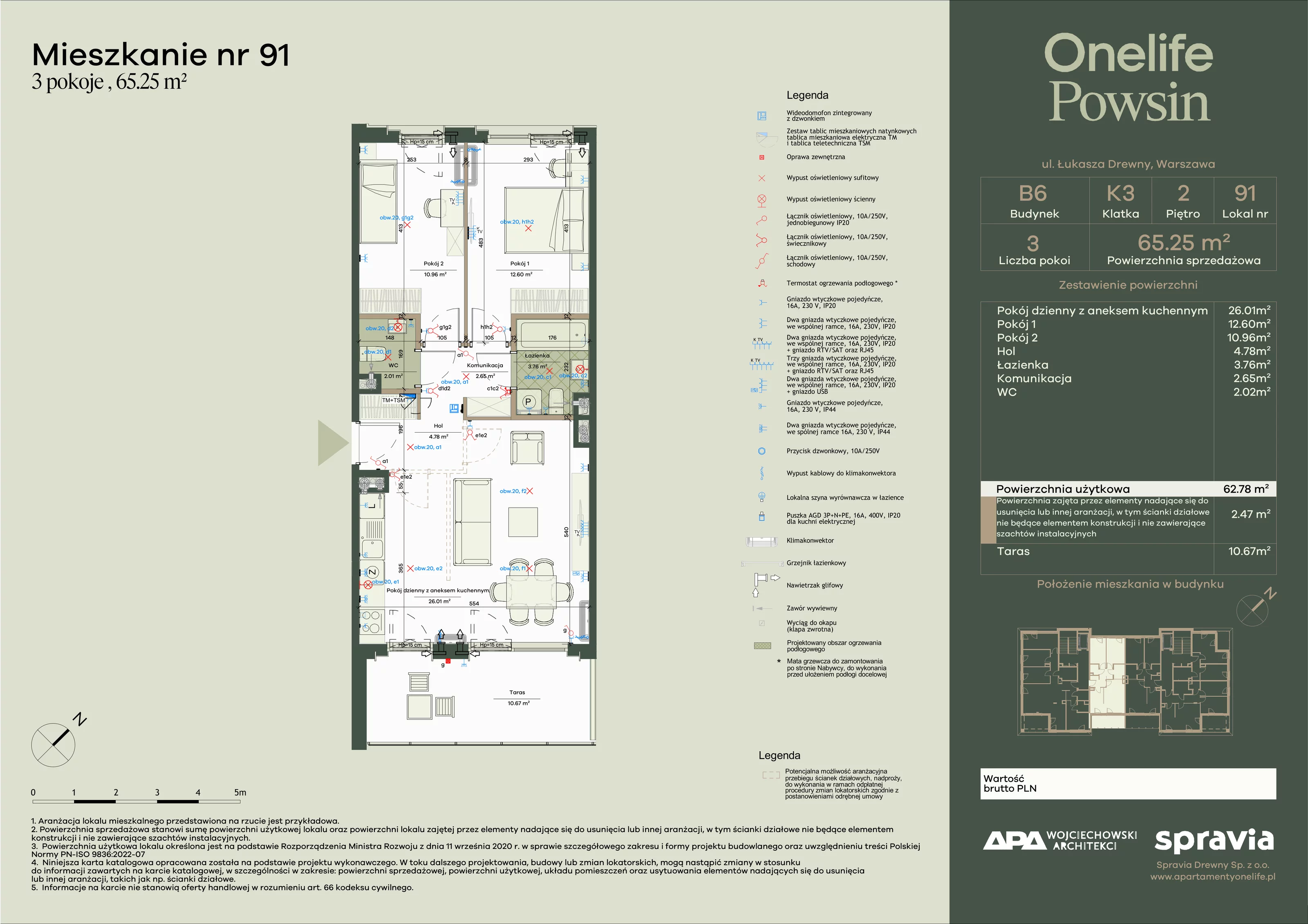 3 pokoje, apartament 65,25 m², piętro 2, oferta nr B6-91, Onelife Powsin, Warszawa, Wilanów, Powsin, ul. Łukasza Drewny