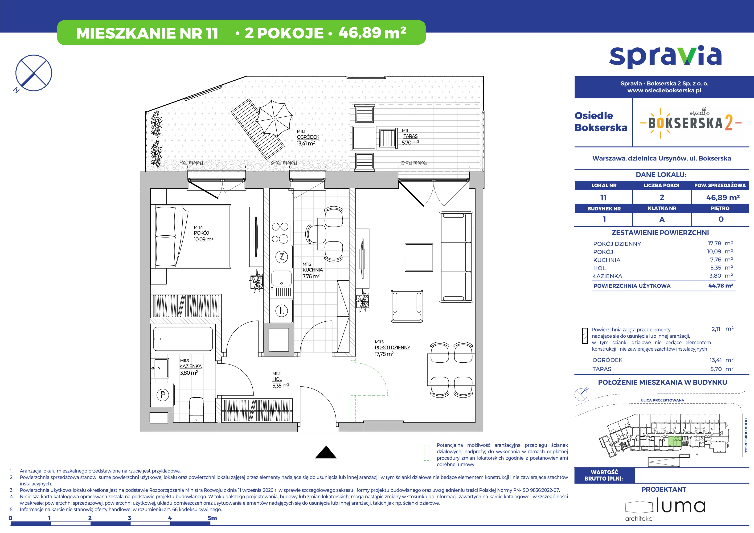 Mieszkanie 46,89 m², parter, oferta nr 11, Osiedle Bokserska 2, Warszawa, Mokotów, Służewiec, ul. Bokserska 73A