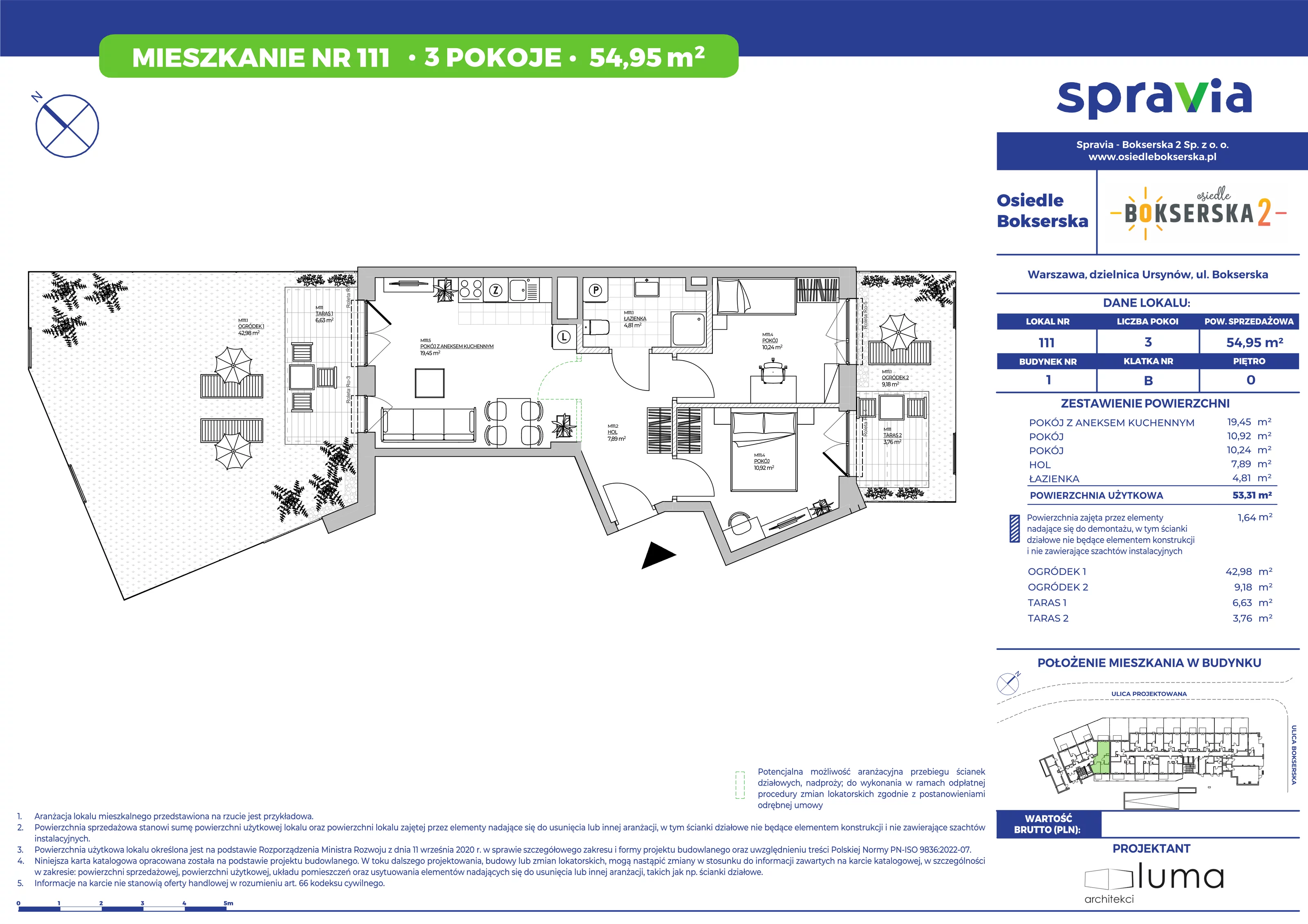 3 pokoje, mieszkanie 54,95 m², parter, oferta nr 111, Osiedle Bokserska 2, Warszawa, Ursynów, Wyczółki, ul. Bokserska 73A