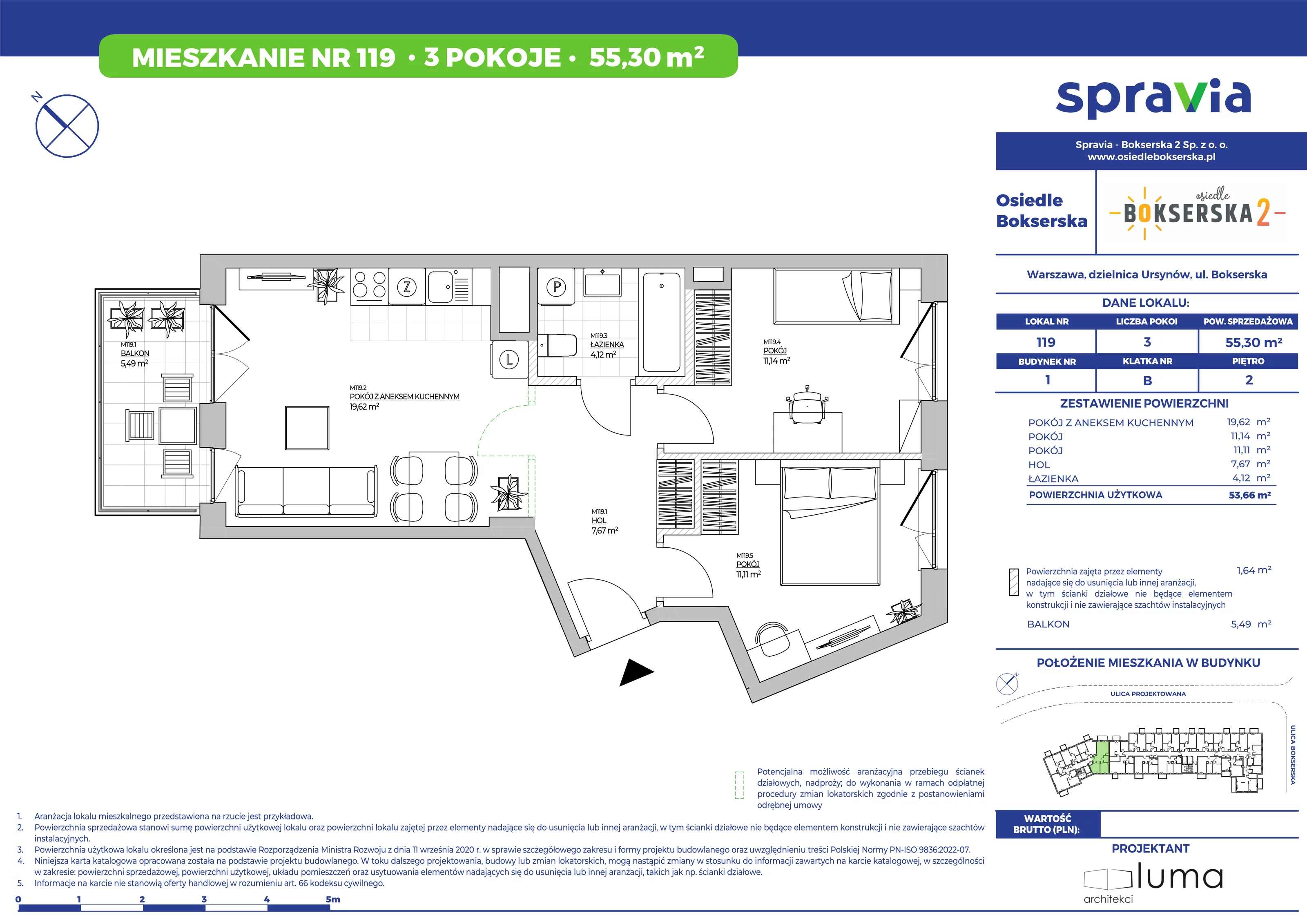 3 pokoje, mieszkanie 55,30 m², piętro 2, oferta nr 119, Osiedle Bokserska 2, Warszawa, Ursynów, Wyczółki, ul. Bokserska 73A