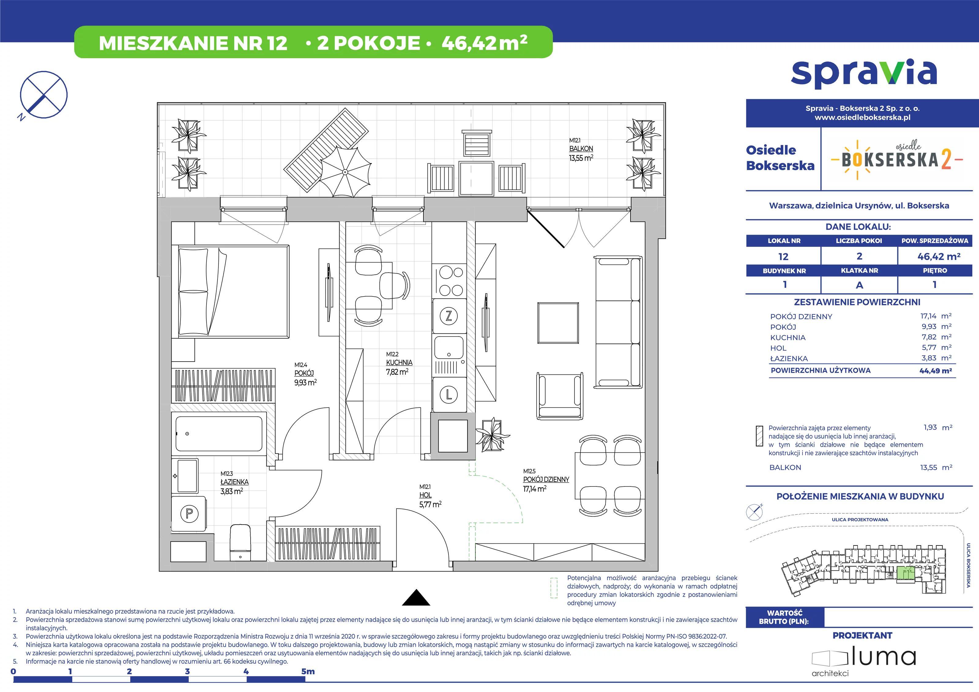 Mieszkanie 46,42 m², piętro 1, oferta nr 12, Osiedle Bokserska 2, Warszawa, Mokotów, Służewiec, ul. Bokserska 73A