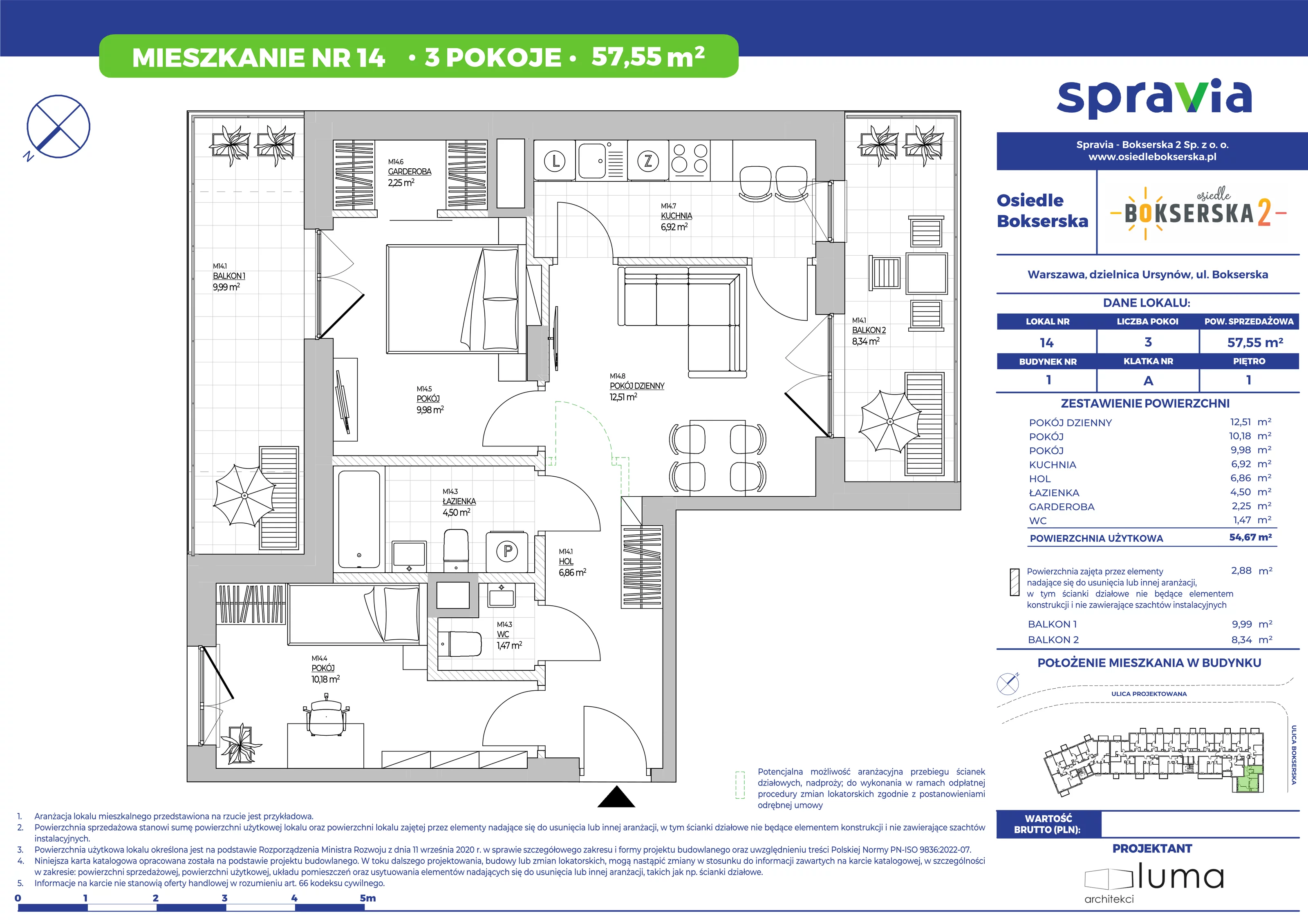 3 pokoje, mieszkanie 57,55 m², piętro 1, oferta nr 14, Osiedle Bokserska 2, Warszawa, Ursynów, Wyczółki, ul. Bokserska 73A