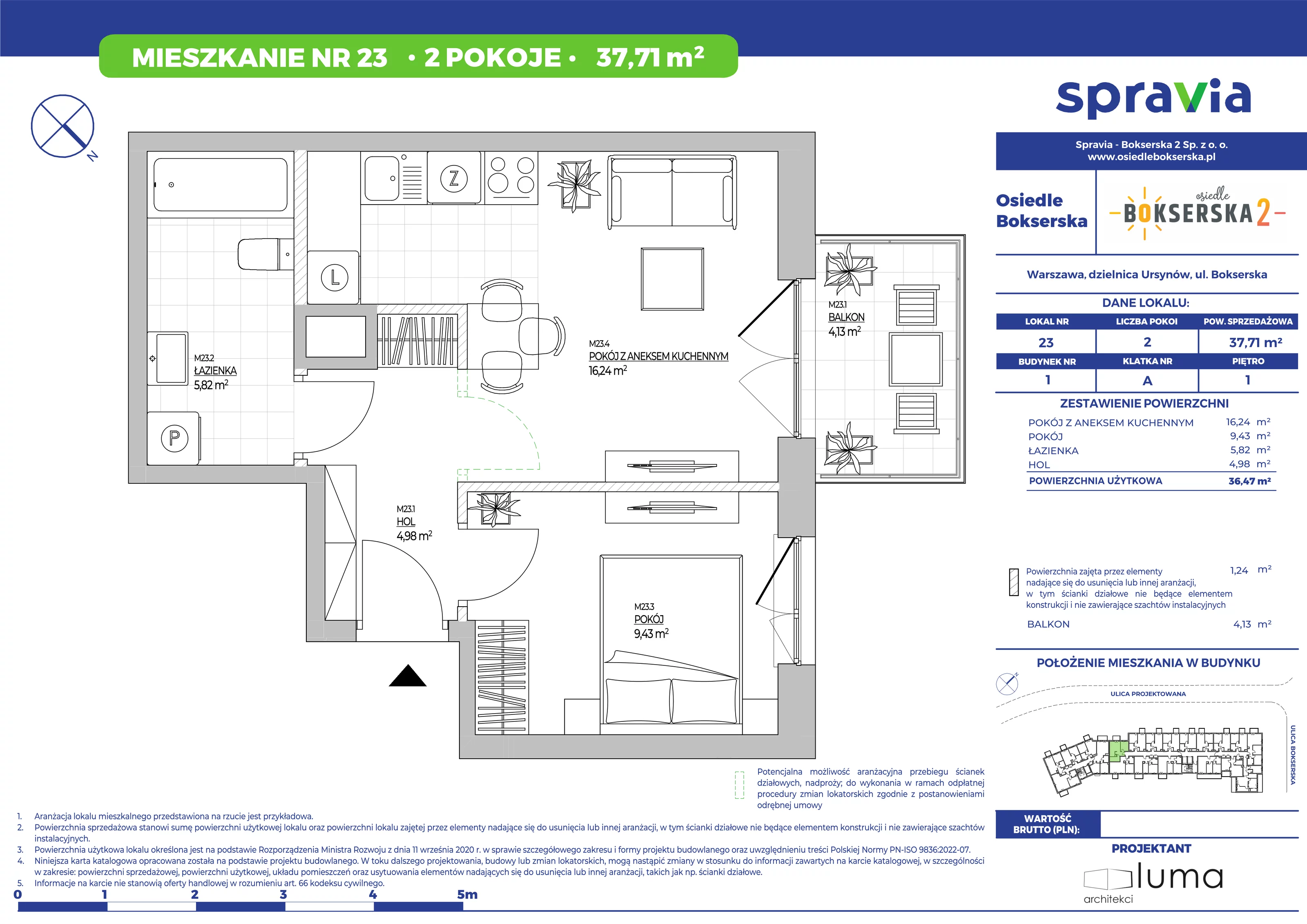 Mieszkanie 37,71 m², piętro 1, oferta nr 23, Osiedle Bokserska 2, Warszawa, Mokotów, Służewiec, ul. Bokserska 73A