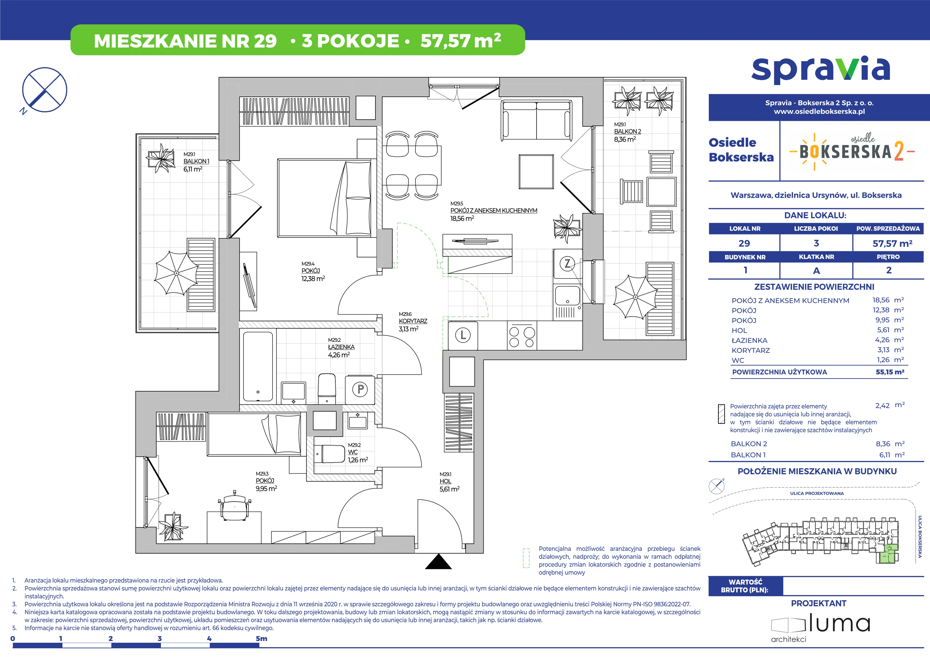 3 pokoje, mieszkanie 57,57 m², piętro 2, oferta nr 29, Osiedle Bokserska 2, Warszawa, Ursynów, Wyczółki, ul. Bokserska 73A