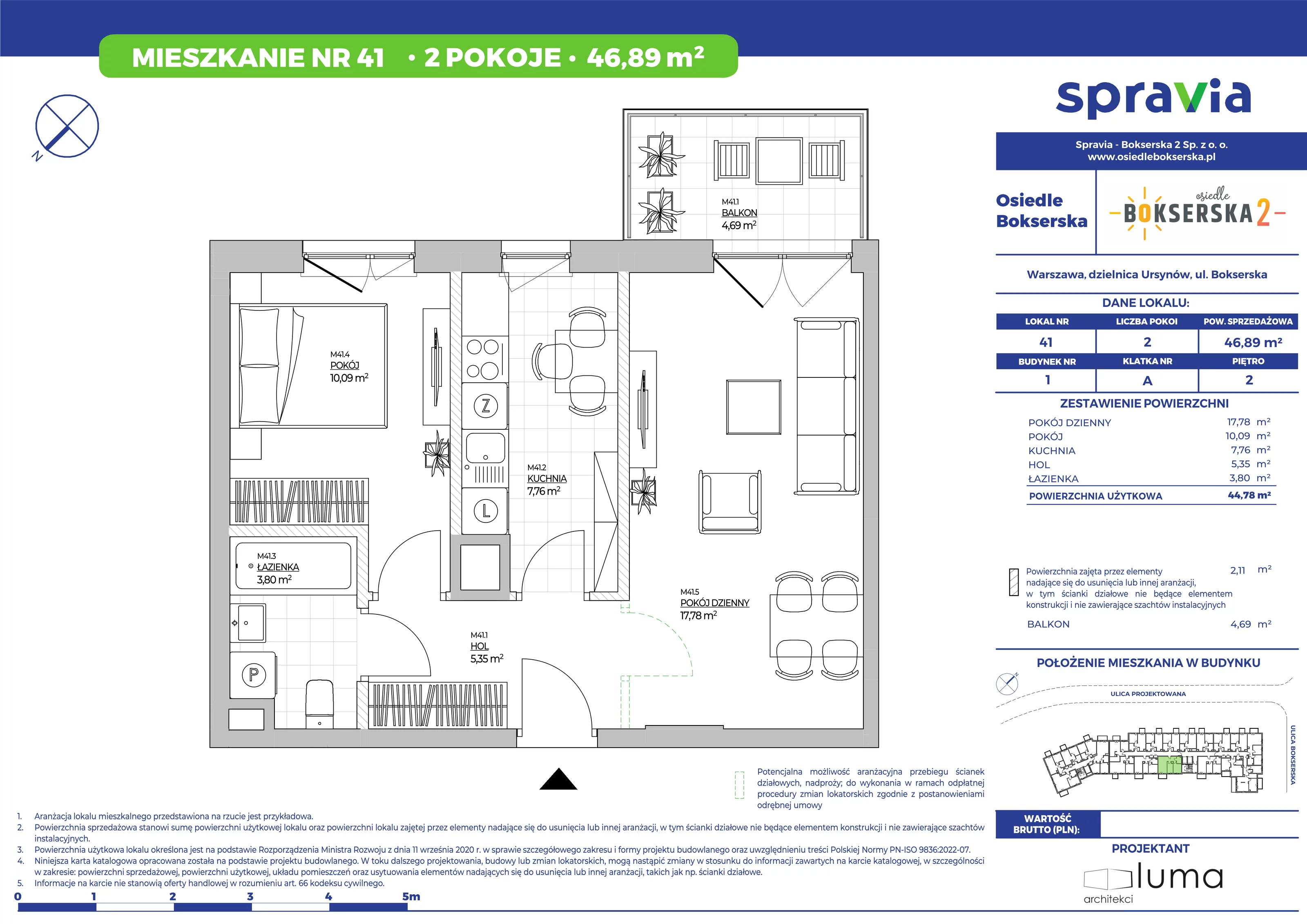2 pokoje, mieszkanie 46,89 m², piętro 2, oferta nr 41, Osiedle Bokserska 2, Warszawa, Ursynów, Wyczółki, ul. Bokserska 73A