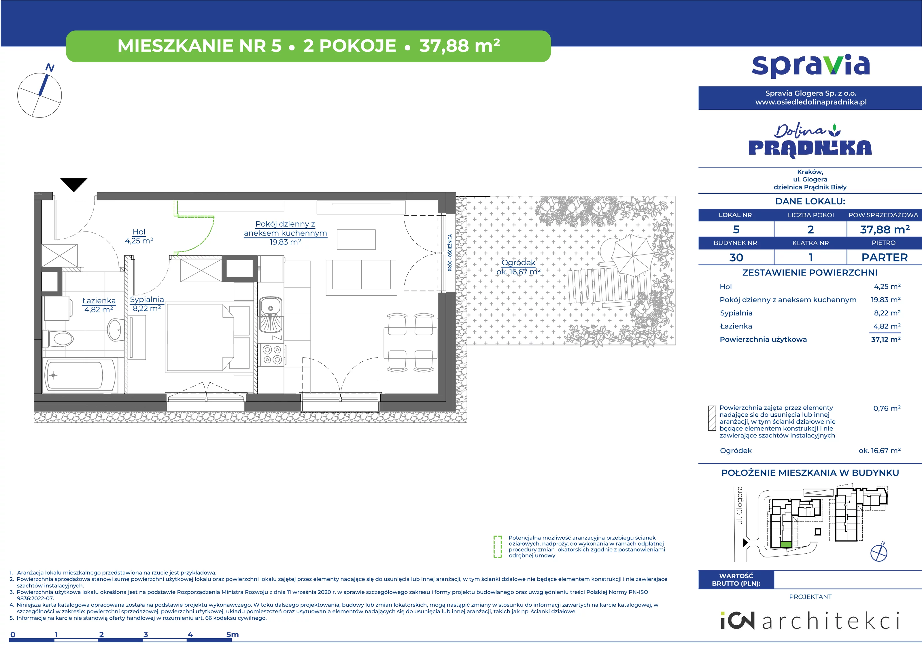 Mieszkanie 37,88 m², parter, oferta nr 30-05, Osiedle Dolina Prądnika, Kraków, Prądnik Biały, ul. Glogera 30 i 30 A