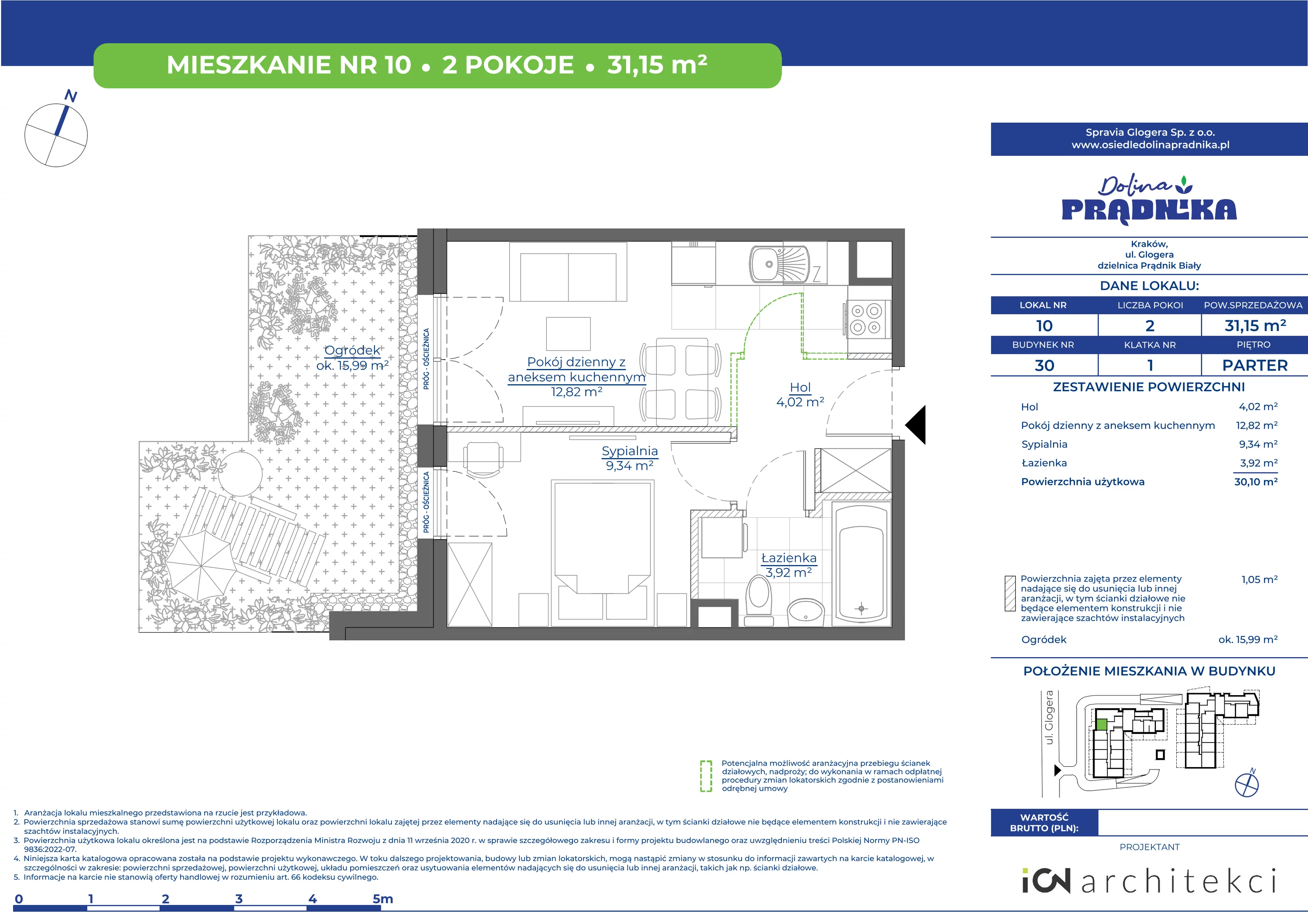 Mieszkanie 31,15 m², parter, oferta nr 30-10, Osiedle Dolina Prądnika, Kraków, Prądnik Biały, ul. Glogera 30 i 30 A