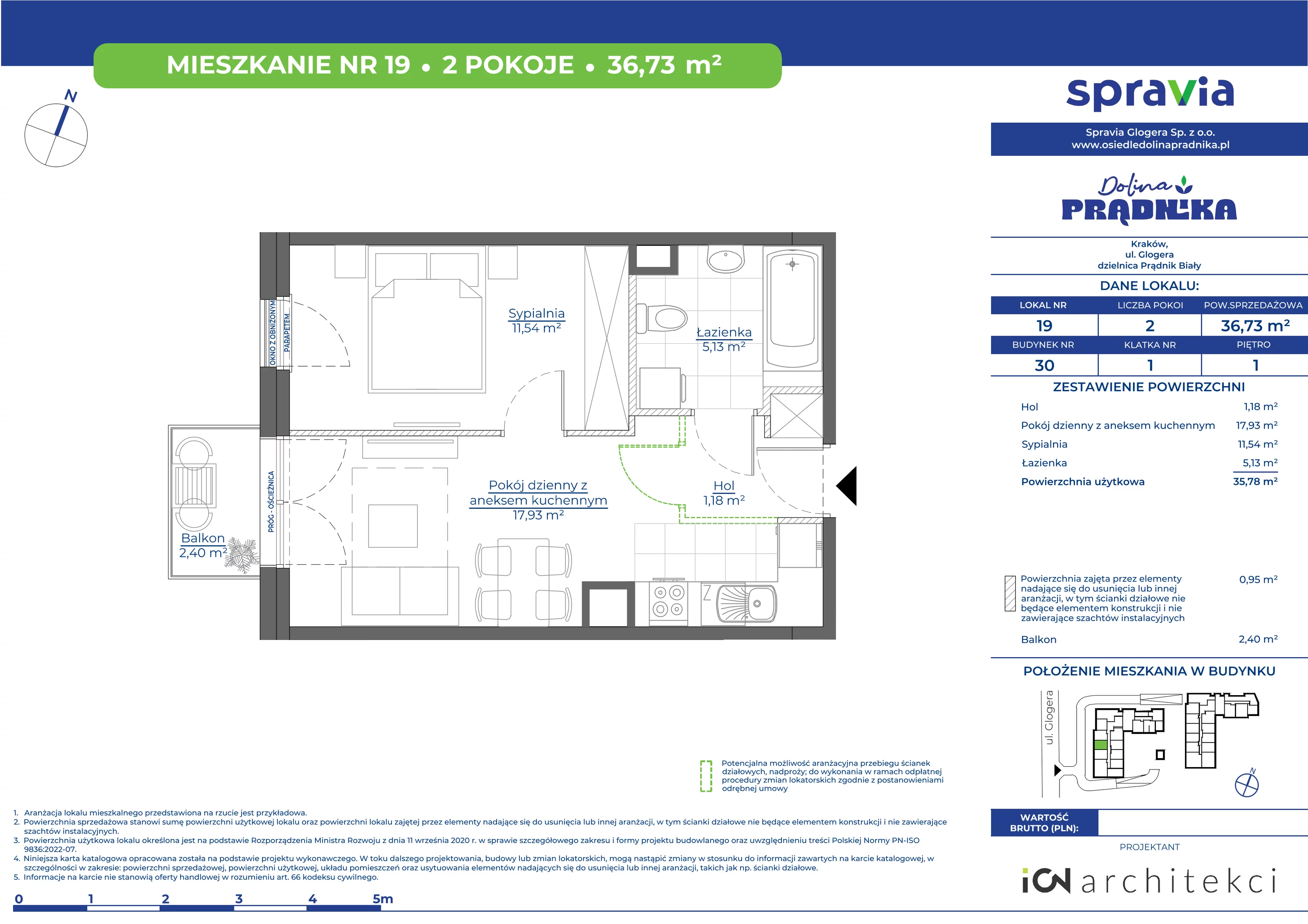 Mieszkanie 36,73 m², piętro 1, oferta nr 30-19, Osiedle Dolina Prądnika, Kraków, Prądnik Biały, ul. Glogera 30 i 30 A