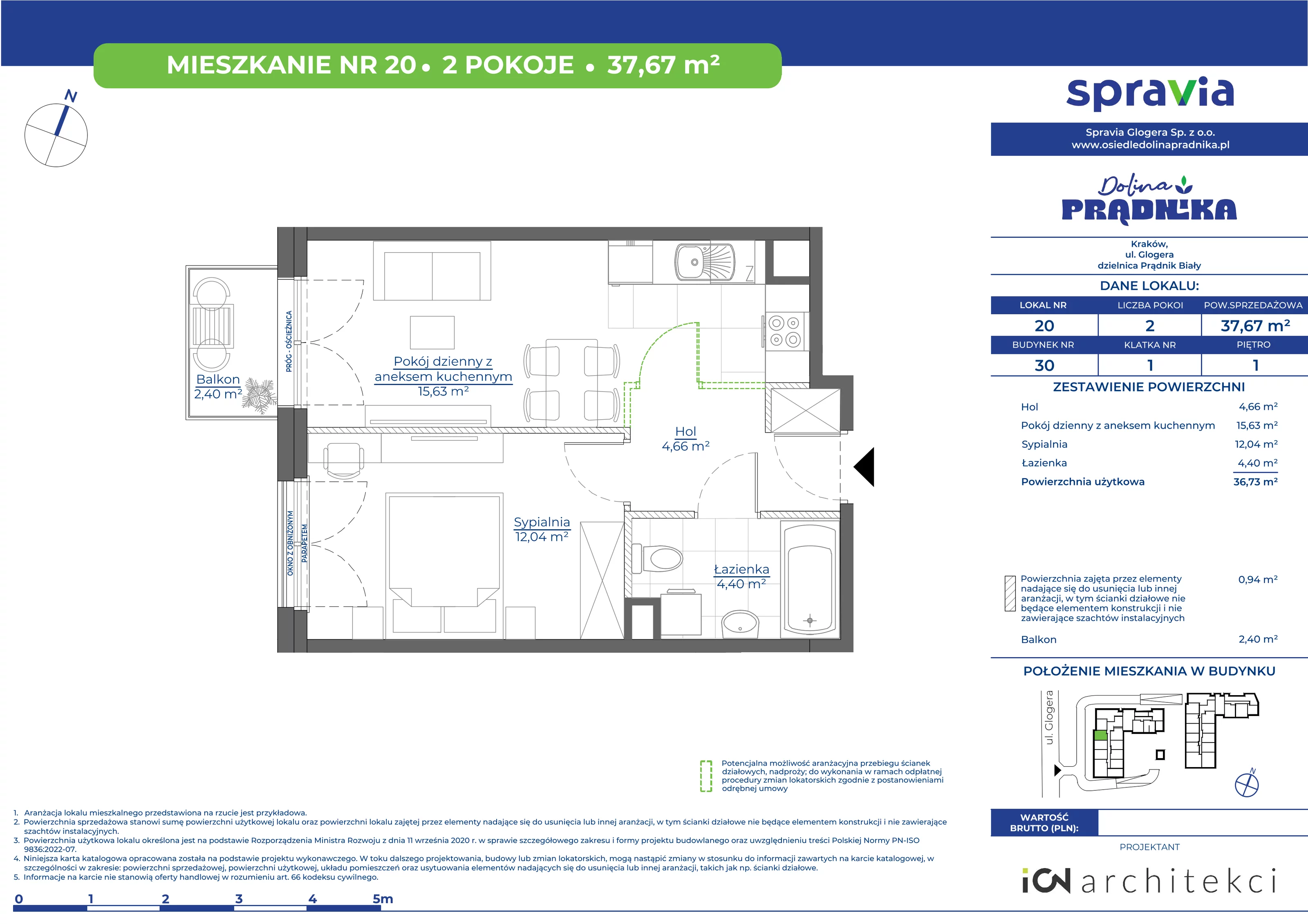 Mieszkanie 37,67 m², piętro 1, oferta nr 30-20, Osiedle Dolina Prądnika, Kraków, Prądnik Biały, ul. Glogera 30 i 30 A